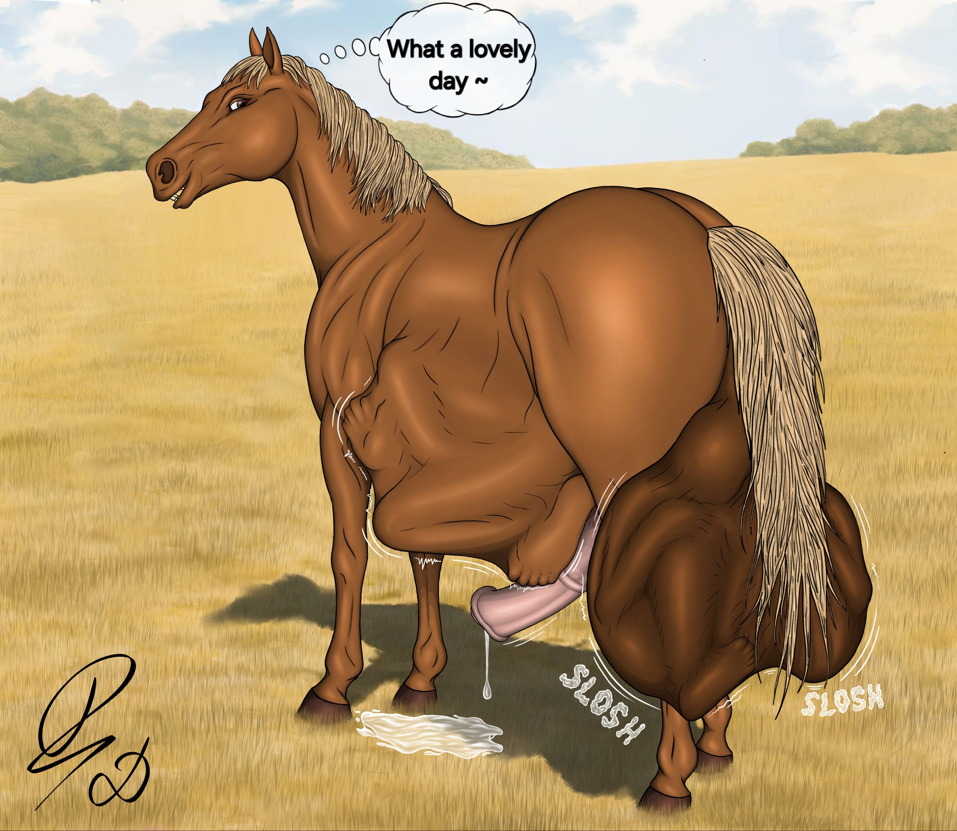 balls, belly, belly bulge, big balls, big belly, cock vore, cum, cum drip, dragonczech, equine penis, erection, feral, feral pred, horse, horse penis, horsecock, huge balls, male, oral vore, penis, text, thought bubble, vore, zoophilia