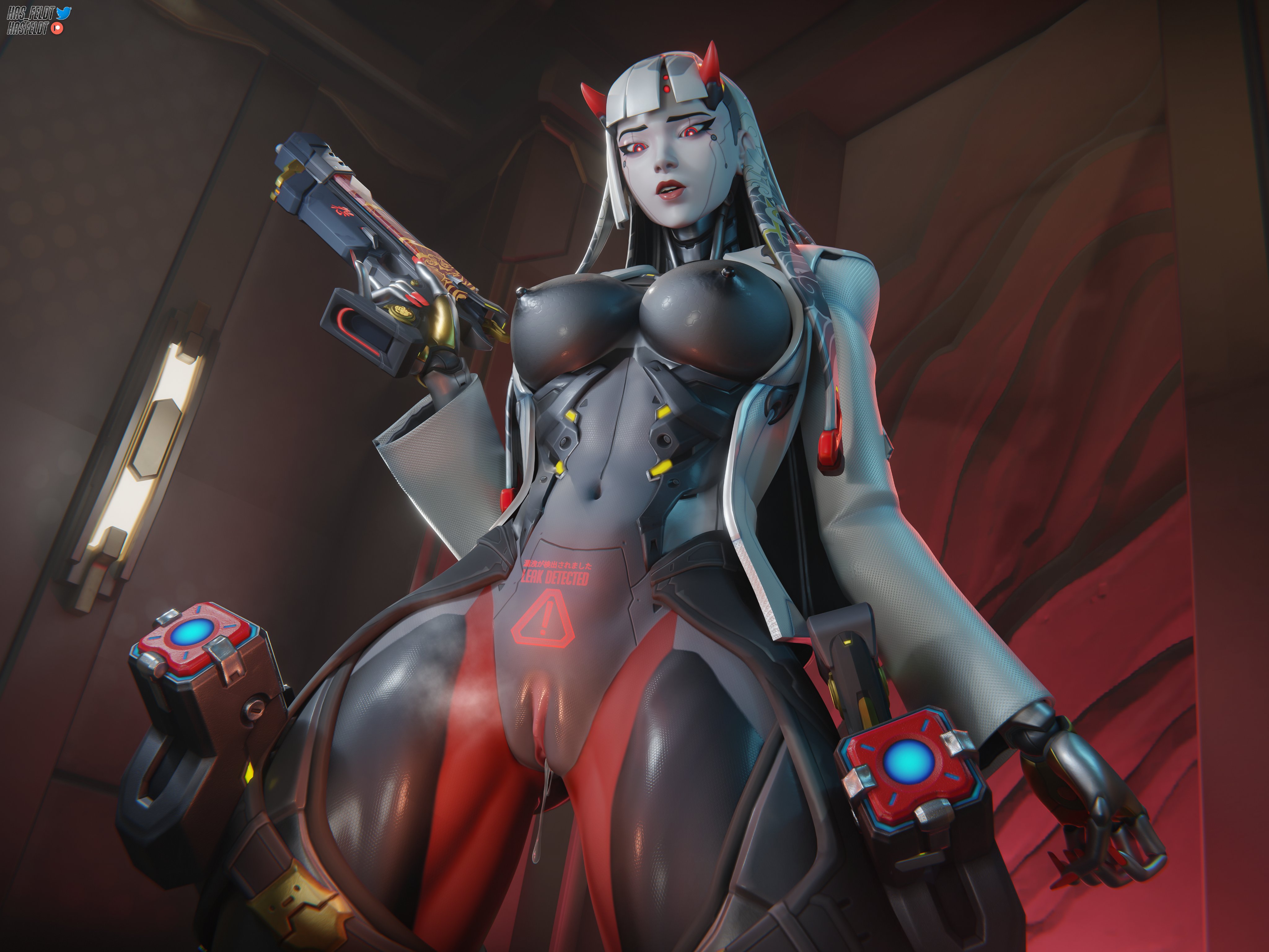 1girls, 3d, artist name, big breasts, detailed background, female, female only, functionally nude, functionally nude female, glowing eyes, hasfeldt, holding gun, holding weapon, horns, jacket, jacket only, jacket open, long nails, omnic, overwatch, overwatch 2, partially clothed, partially clothed female, pussy, pussy juice, pussy juice drip, red eyes, robot, robot girl, robot humanoid, shion (overwatch), solo, solo female, thick thighs