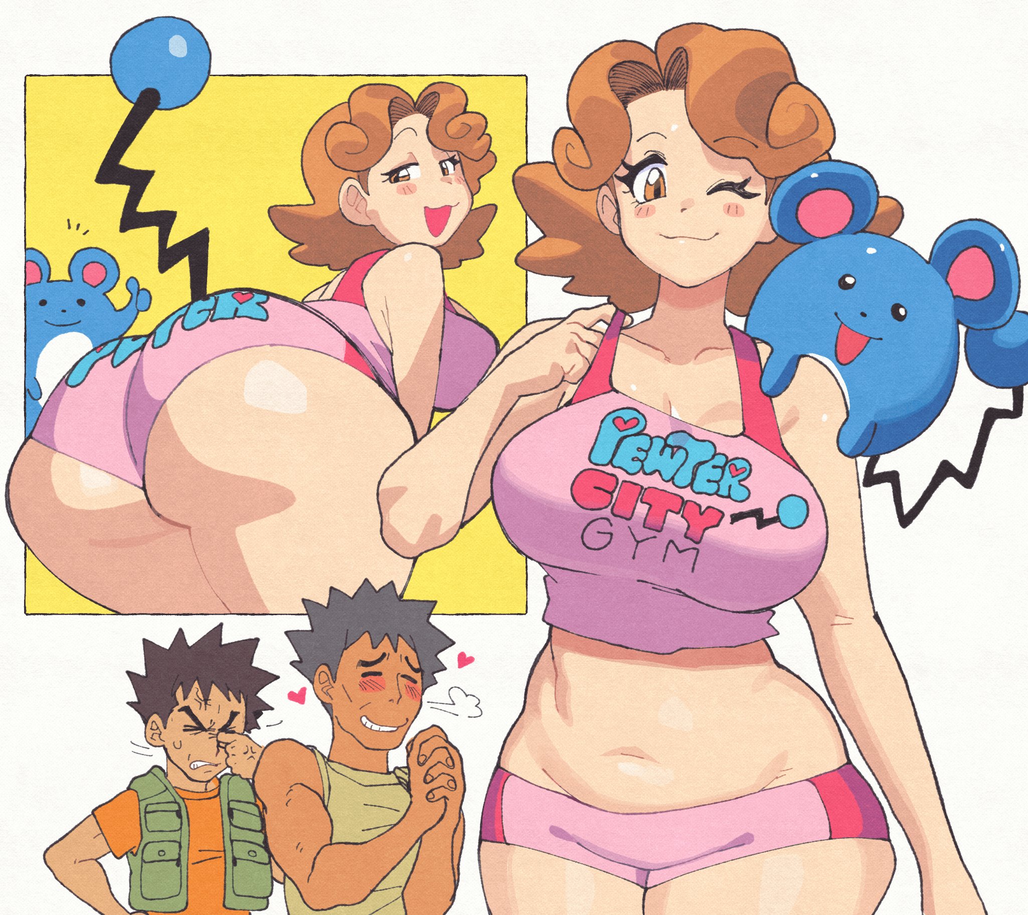 1girls, 2026, annoyed, ass, big breasts, bottomwear, breasts, brock (pokemon), brown eyes, brown hair, cleavage, clothing, father and son, female, female focus, hair, huge breasts, inkerton-kun, inkuusan, lola (pokemon), marill, mature, mature female, midriff, milf, mizuho (pokemon), mother, pokemon, pokemon (anime), short hair, thighs, topwear