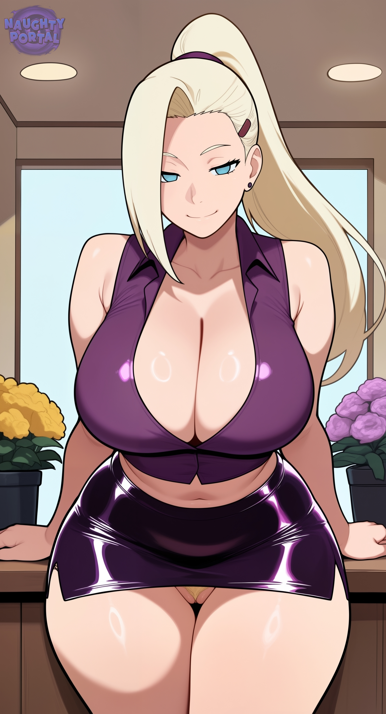 ai generated, blonde, blonde female, blonde hair, blonde pubic hair, blonde-haired female, blue eyes, boruto: naruto next generations, boruto: two blue vortex, breasts, busty, busty female, cleavage, fanart, female, female focus, female only, flirty, huge breasts, ino yamanaka, jorgecarlosai, long hair, micro skirt, microskirt, naruto, naruto (series), no panties, no underwear, pantyless, ponytail, pubic hair, purple clothing, purple skirt, purple top, pussy, sexy, sexy body, sexy female, sexy pose, shoulderless topwear, skirt, vagina, watermark, yamanaka ino