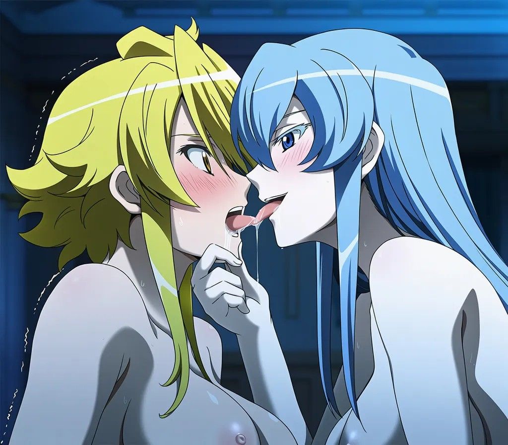 2girls, akame ga kill, akame ga kill!, big boobs, big breasts, blonde hair, blue eyes, blue hair, blush, blushed, blushed face, blushing, curvaceous, curvy, curvy body, curvy female, curvy figure, esdeath (akame ga kill!), female, female dominating female, female domination, female focus, female only, femdom, femsub, forced, forced kiss, forced sex, forced yuri, kiss, kissing, large boobs, large breasts, leone (akame ga kill!), lesbian, lesbian kiss, lesbian sex, lesbians, long hair, naked, nude, nude female, saliva, saliva drip, saliva string, saliva trail, shaking, short hair, surprised, surprised expression, tongue, tongue kiss, tongue out, yellow eyes, yuri