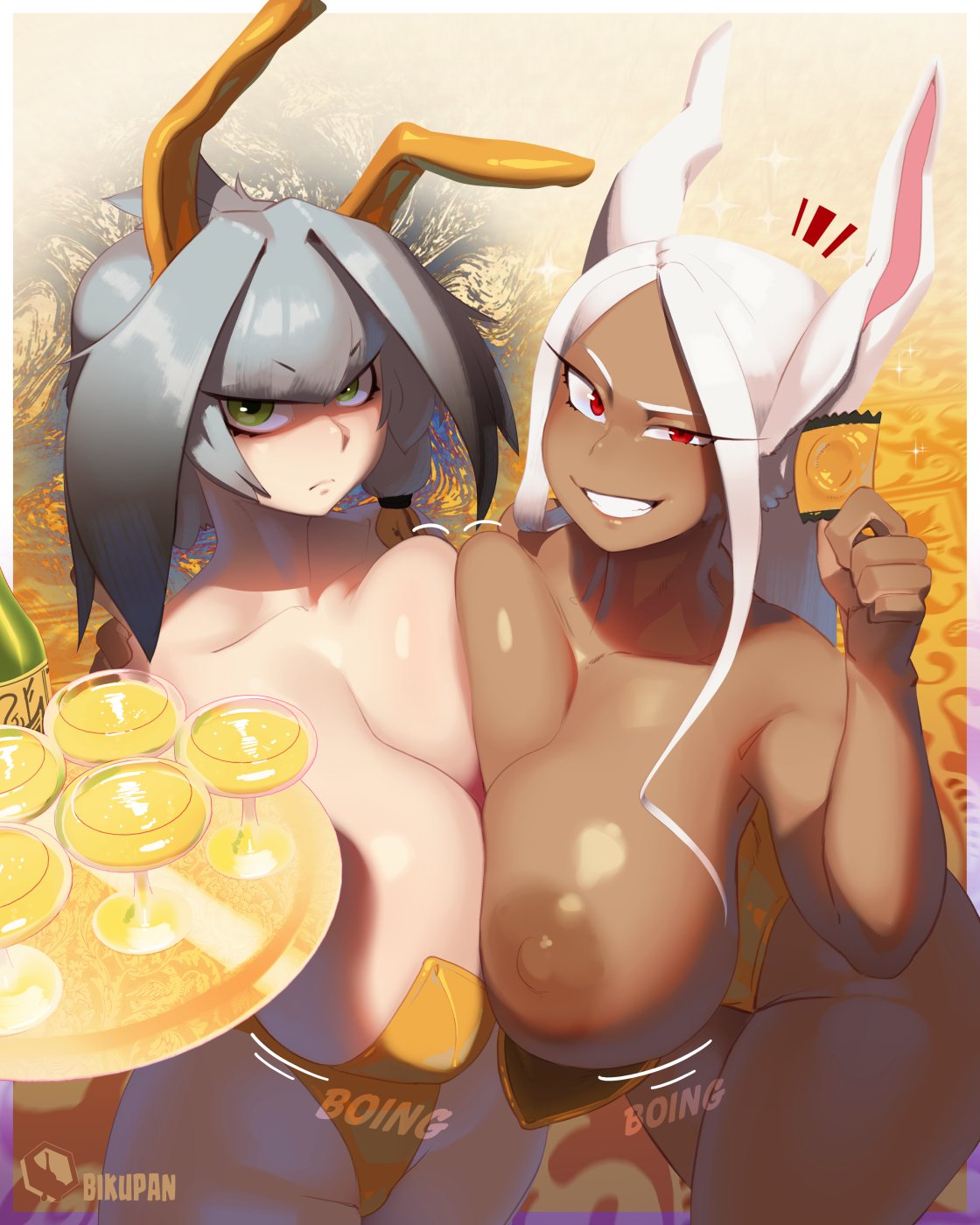 2026, alcohol, bikupan, bunny ears, bunnysuit, crossover, female only, kemono friends, mirko, miruko, my hero academia, onomatopoeia, rumi usagiyama, shoebill (kemono friends), tagme
