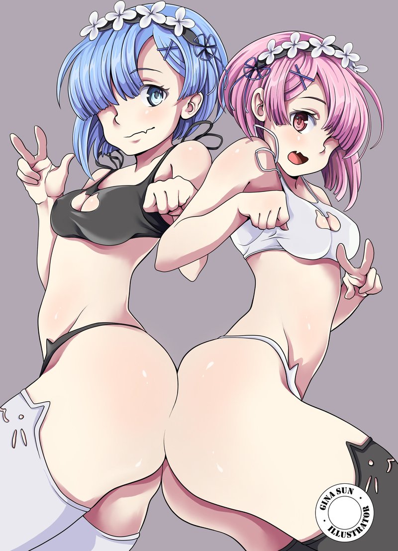 2girls blonde_hair cat_keyhole_bra cat_keyhole_lingerie lingerie looking_at_viewer meme multiple_females pink_hair ram_(re:zero) re:zero_kara_hajimeru_isekai_seikatsu rem_(re:zero) shiny_skin short_hair thewaifuchannel twins