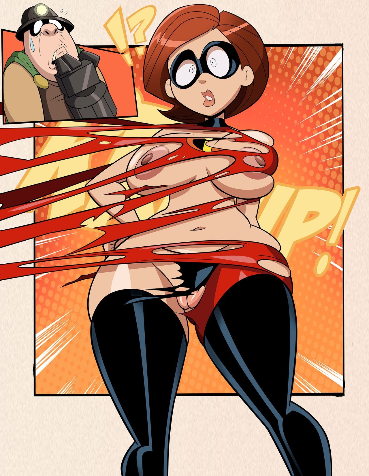 1girls, big ass, big boobs, big breasts, big butt, big hips, boobs, breasts, completely naked, completely naked female, completely nude, completely nude female, elastigirl, elastigirl (original supersuit), embarrassed, embarrassed nude female, enf, grimphantom, helen parr, hero, hero suit, heroine, mask, masked, masked female, naked, naked female, nipples, nude, nude female, onomatopoeia, pussy, ripped clothes, ripped clothing, surprised, surprised expression, the incredibles, tits, torn bodysuit, torn clothes, torn clothing