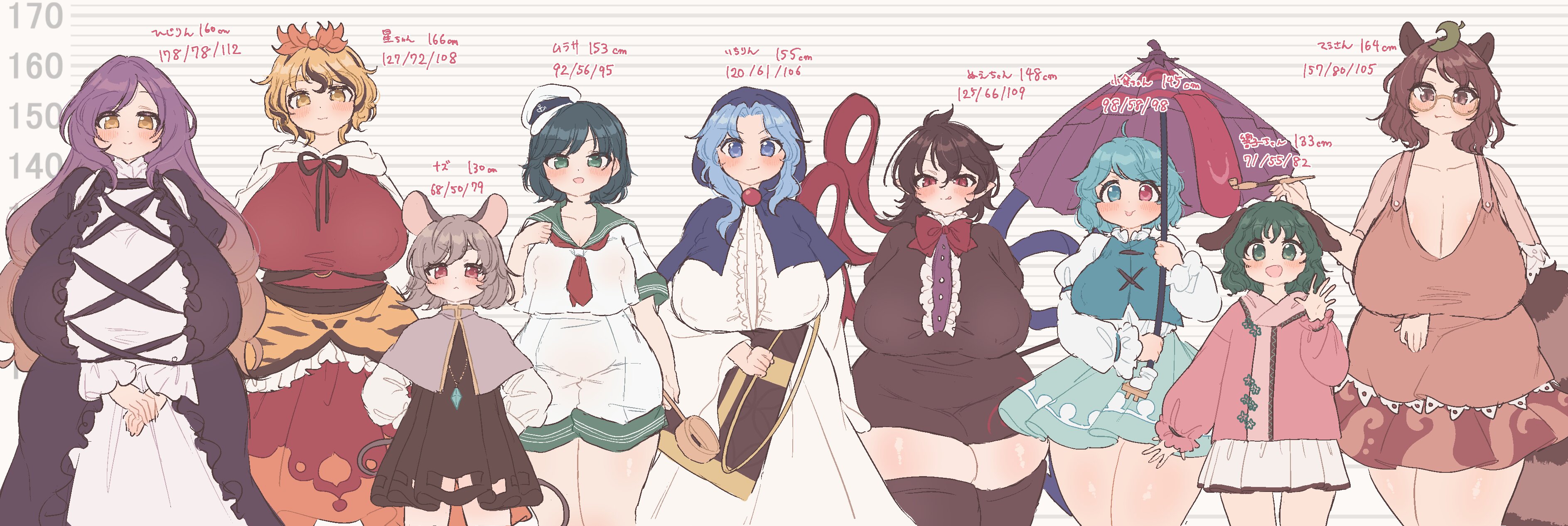 6+girls, 9girls, ahoge, alternate breast size, animal ears, animal tail, areolae visible through clothing, arms behind back, arms under breasts, asymmetrical hair, asymmetrical wings, big breasts, black clothing, black dress, black hair, black shirt, black streaks, black thighhighs, blonde hair, blue eyes, blue hair, blue skirt, blue vest, blue wings, blush, blush lines, blushing, blushing at viewer, bottomless, bow, bowtie, breast curtains, breasts, breasts bigger than head, breasts focus, breasts size difference, brown clothing, brown dress, brown eyes, brown hair, capelet, chart, cleavage, clothed, clothed female, clothing, collar, collarbone, collared shirt, cowboy shot, dog, dog ears, dog girl, dress, female, female focus, female only, flat chest, fluffy ears, fluffy tail, frilled dress, frills, fully clothed, gem, ghost, ghost girl, glasses, gold, gold (metal), gold jewelry, gradient hair, green eyes, grey hair, hand behind back, hand on hip, hands behind back, hands together, hat, height difference, heterochromia, hi res, high resolution, highres, hijiri byakuren, hips, hips wider than shoulders, holding, holding object, holding pipe, holding umbrella, holding weapon, hood, hood up, hoodie, huge areolae, huge breasts, huge nipples, ichirin kumoi, japanese clothes, jewelry, karakasa obake, kiseru, kogasa tatara, kyouko kasodani, large breasts, leaf, leaf on head, licking, licking lips, long hair, long skirt, long sleeves, looking at viewer, mamizou futatsuiwa, minamitsu murasa, mini hat, miniskirt, mouse, mouse girl, mouse tail, multicolored clothing, multicolored hair, multiple girls, nazrin, neckerchief, necklace, necktie, neckwear, nipples visible through clothing, no bra, nue houjuu, nun, open mouth, pink clothing, pink dress, pink shirt, pipe, plump, plump breasts, plump thighs, pointy ears, puffy nipples, puffy sleeves, purple hair, raccoon, raccoon ears, raccoon girl, raccoon tail, rat, rat ears, rat girl, rat tail, red clothing, red eyes, red necktie, red skirt, red wings, revealing clothes, ribbon, ring, sailor collar, sailor hat, sailor uniform, sakurasaka, short hair, short shorts, short sleeves, shorts, skirt, small breasts, smile, smiley face, smiling, smiling at viewer, smirk, smirking, smirking at viewer, streaked hair, tail, tanuki, tanuki ears, tanuki girl, tanuki tail, thick thighs, thighhighs, tiger, tiger girl, tongue, tongue out, toramaru shou, touhou, turtleneck, umbrella, very long hair, vest, waving, waving at viewer, weapon, white dress, white shirt, wide hips, wide thighs, widescreen, wings, yellow eyes, youkai