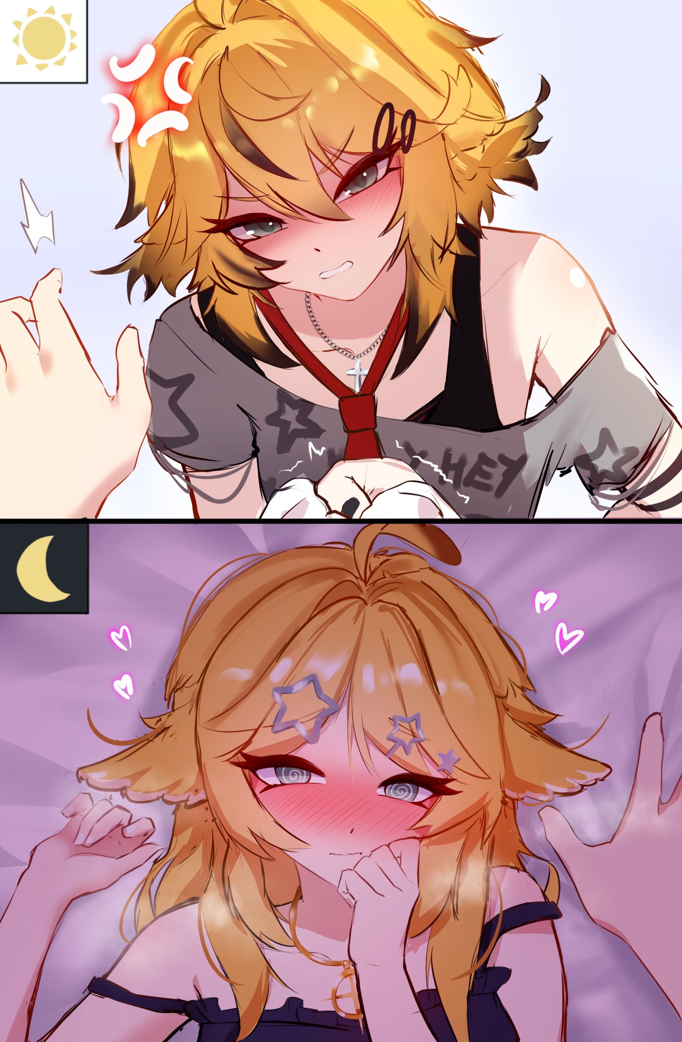 1boy, 1girls, ahoge, anger vein, before and after, black nail polish, black nails, blonde hair, blush, blushing, cgator, crop top, cross necklace, dokibird, grabbing shirt, green eyes, hand to own mouth, head wings, hearts around head, indie virtual youtuber, laying on back, laying on bed, looking at viewer, looking up at partner, necktie, nightgown, small breasts, swirly eyes, virtual youtuber, vtuber