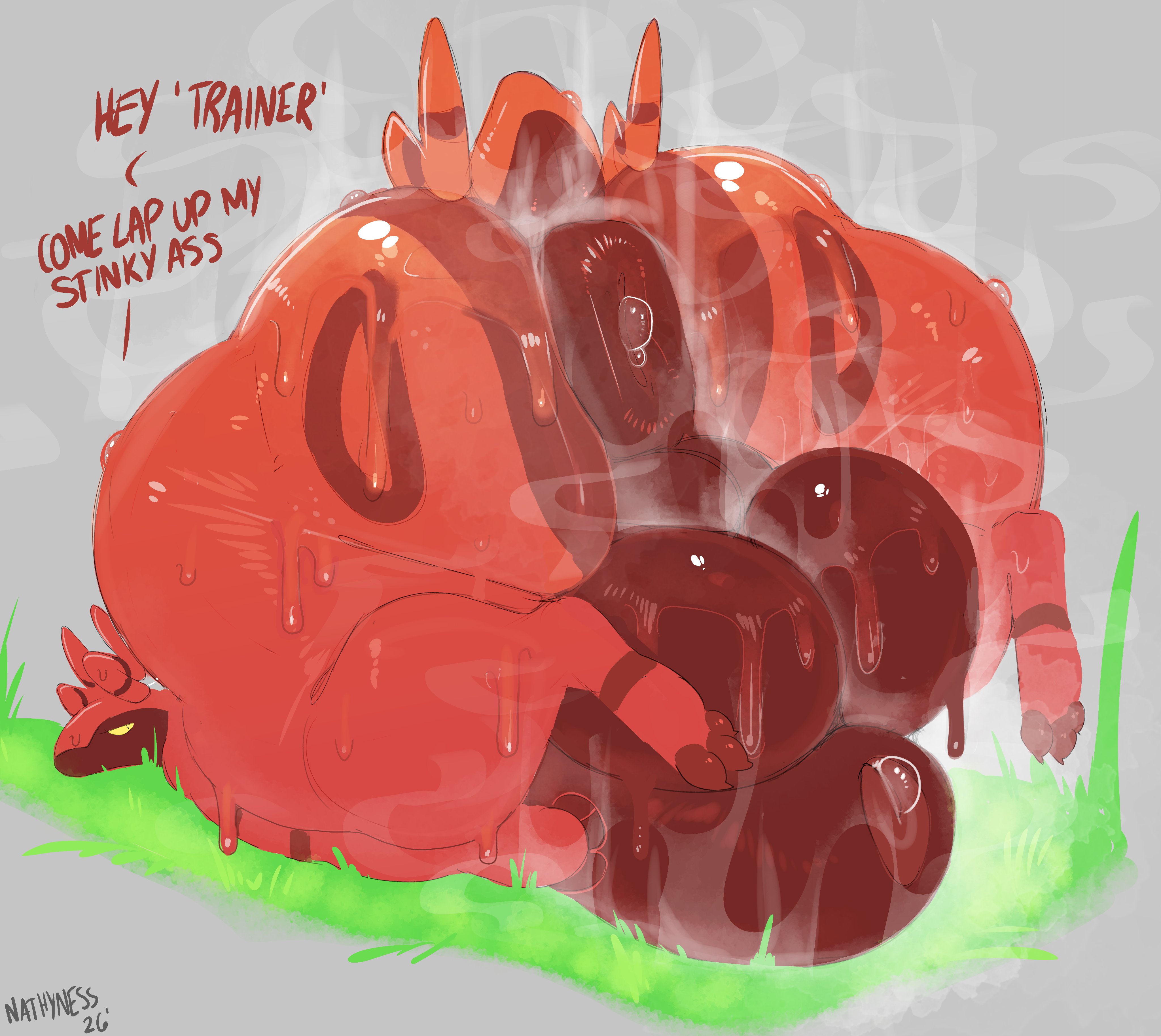 2d (artwork), 3 fingers, 3 toes, antennae, anus, anus juice, ass, ass focus, ass up, balls, body markings, claws, english text, fat, fat male, game freak, grass, hyper, insect, laying down, laying on ground, male only, massive balls, massive penis, mouthless, musk, naked, nathyness, nintendo, nude, penis, pokemon, pokemon (species), puffy anus, red body, scolipede, simple background, solo, steam, steaming body, stinky, swamp ass, sweat, sweating, sweaty, tagme, thick thighs, thunder thighs, wet, wet body, yellow eyes, yellow sclera