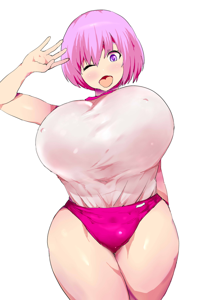 1girls arms_up big_breasts blush busty cleavage curvy erect_nipple erect_nipples eyelashes fate/grand_order fate_(series) female female_only front_view gym_uniform hourglass_figure human looking_at_viewer mash_kyrielight mozu-k nipple_bulge one-eye_closed open_mouth pink_hair pose posing purple_eyes shielder_(fate/grand_order) shiny shiny_skin short_hair short_shorts shorts simple_background solo standing voluptuous white_background wide_hips wink