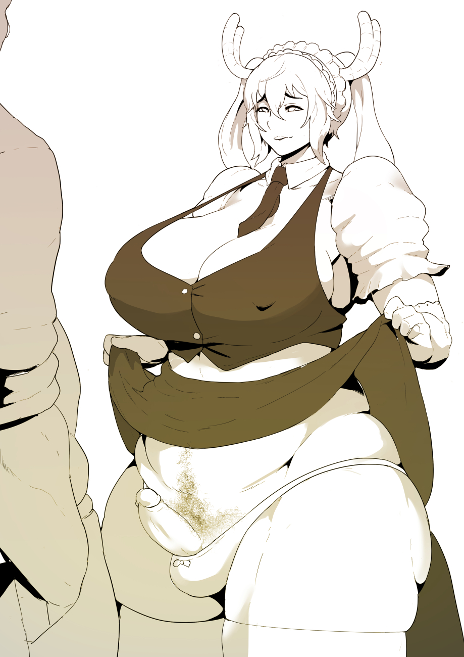 1boy, 1futa, balls, balls in panties, big breasts, breasts, bulge, chubby, cleavage, dickgirl, donaught, erection, futa with male, futanari, huge breasts, intersex, large breasts, male, miss kobayashi's dragon maid, monochrome, panties, penis, pubic hair, skirt, skirt lift, solo focus, testicles, thick thighs, thighhighs, tohru (dragon maid), upskirt, venus body, wide hips