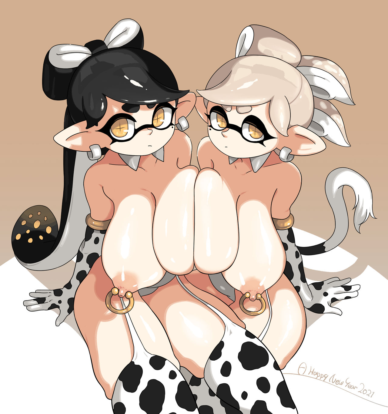 2girls, big breasts, black hair, breast press, callie (splatoon), cousins, cow print, earrings, female, female only, huge breasts, inkling, marie (splatoon), mole under eye, nipple piercing, nipple rings, nipples, splatoon, splatoon (series), squid sisters, tentacle hair, thighhighs, topless, white hair, yellow eyes, yuta agc