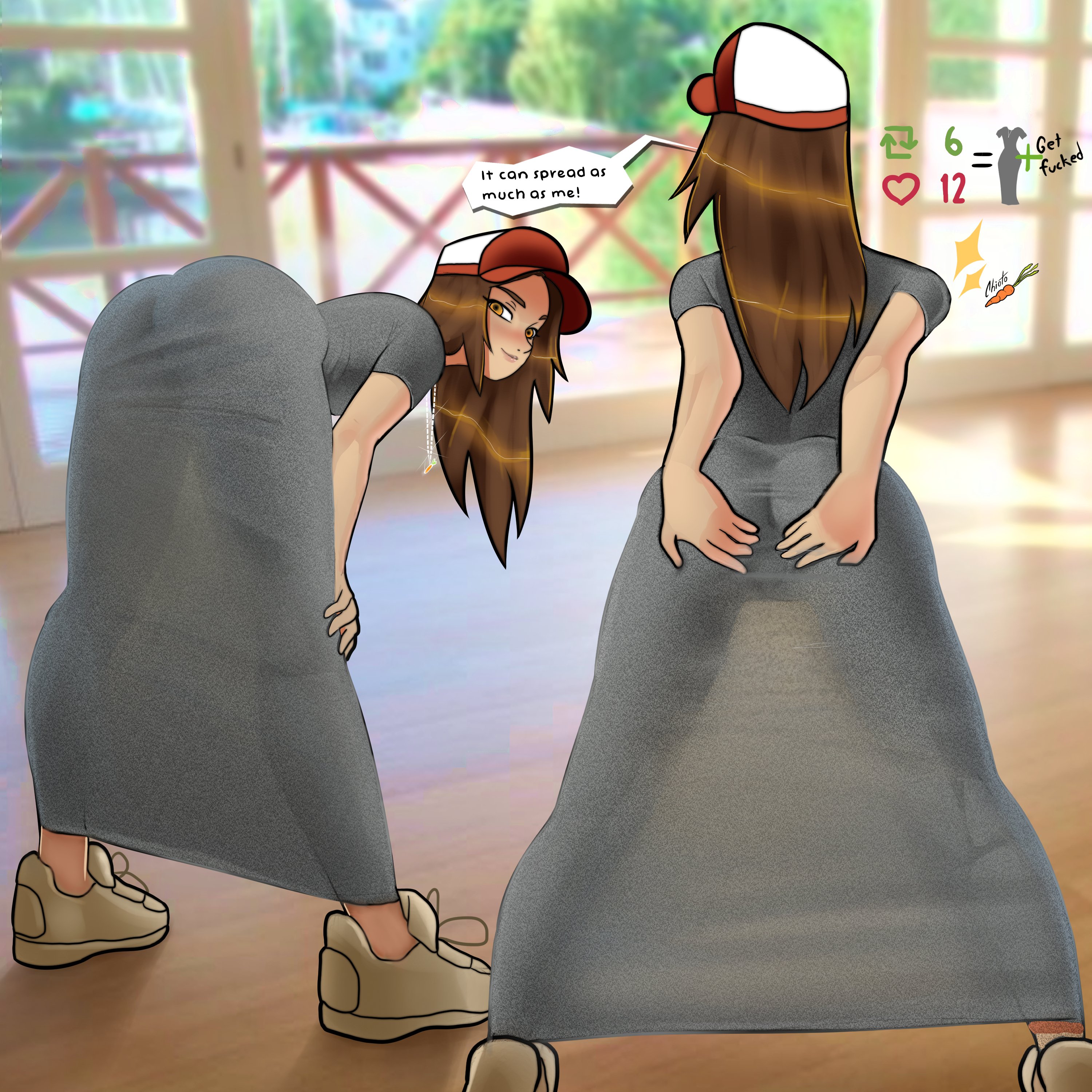 1girls, brown hair, butt focus, cap, chiotosaurio, clothed, collar, different angle, dress, gray dress, lina (celina quintana), long hair, orange eyes, original, room, solo female, speech bubble, spread ass, tanned skin, tennis shoes