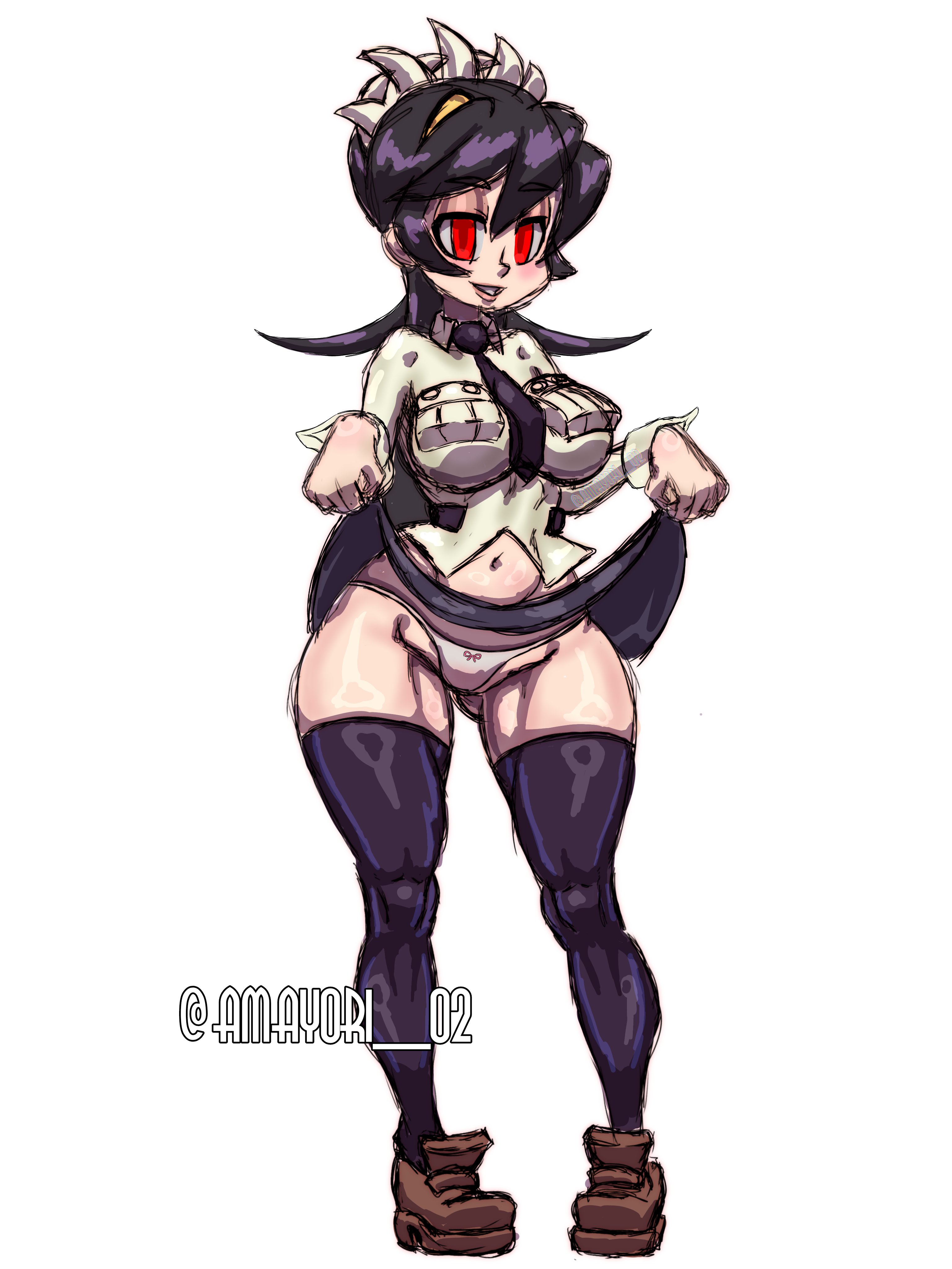 1girls, 2026, 2d, amayori, black hair, blush, breasts, female, filia (skullgirls), large breasts, long hair, miniskirt, navel, necktie, panties, red eyes, samson (skullgirls), school uniform, schoolgirl, skirt, skullgirls, tagme, thick thighs, thighhighs, thighs, white panties
