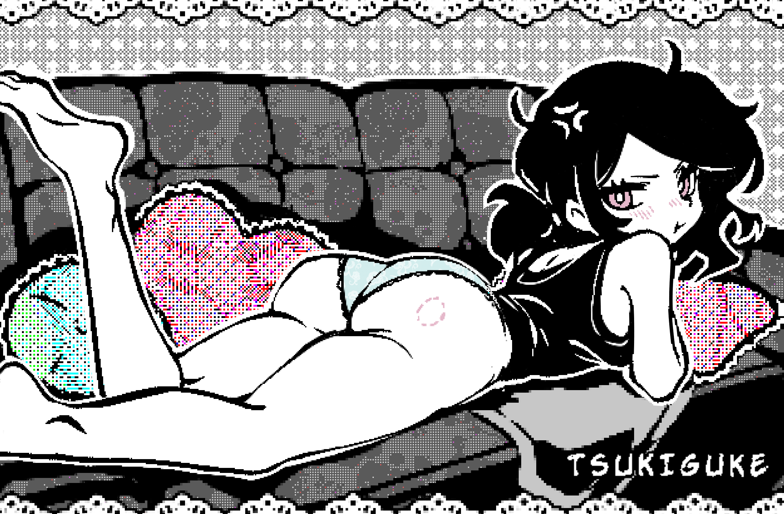1girls, 2d, angry, ashley graves, ass, ass focus, big ass, bite mark, bite mark on ass, black hair, blush, couch, feet, female, female only, looking at viewer, looking back, lying, lying on couch, lying on stomach, panties, pink eyes, ponytail, solo, solo female, the coffin of andy and leyley, tsukiguke