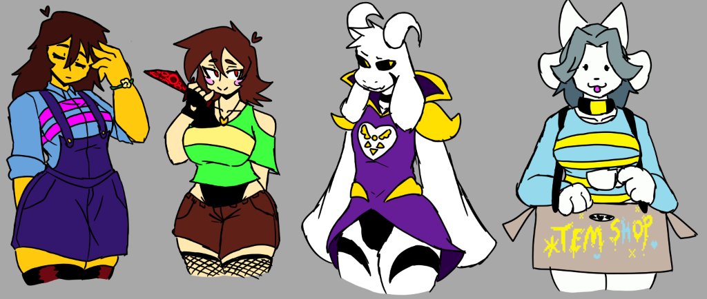2026 2d :3 anthro asriel_dreemurr asriel_dreemurr_(god_form) black_sclera brown_hair bulge bulge_through_clothing catgirl chara character_sheet choker feline feline_humanoid female femboy fishnets frisk fur furry goat goat_boy goat_humanoid grey_hair horns human kasi_7w7 male necklace nonbinary overalls red_eyes robe shorts skin_tight smile temmie_(undertale) thick_thighs thighhighs undertale undertale_(series) white_fur