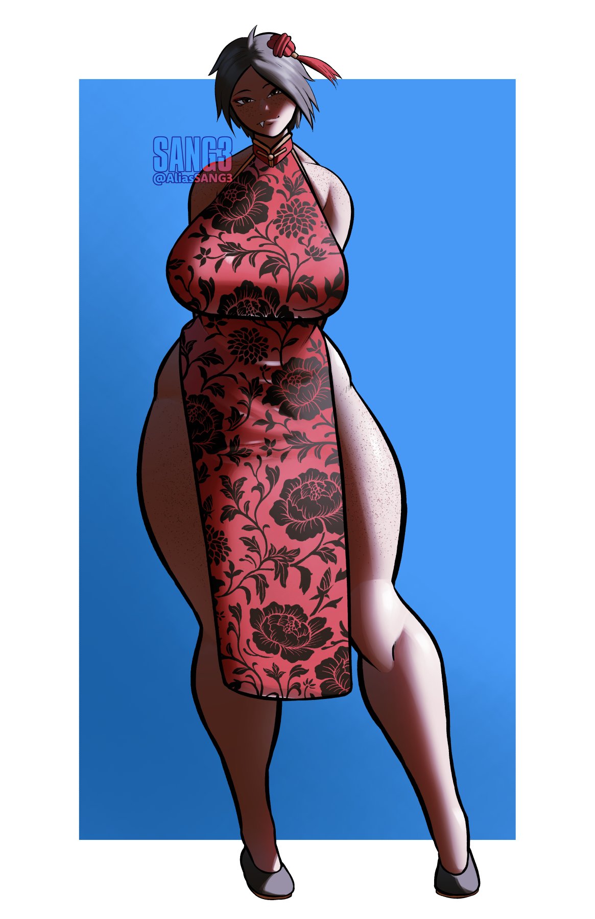 1girl, 1girls, arms behind back, artist logo, black hair, china dress, clothed, curvaceous, curvy, curvy female, curvy figure, cute fang, fangs, female, freckled face, freckles, freckles on face, freckles on shoulders, freckles on thighs, gigantic breasts, huge breasts, large breasts, light skin, light-skinned female, sangsangatsange, short hair, small waist, solo, solo female, standing, tagme, thick, thick thighs, twitter link, voluptuous, voluptuous body, voluptuous female, wide hips, wide thighs