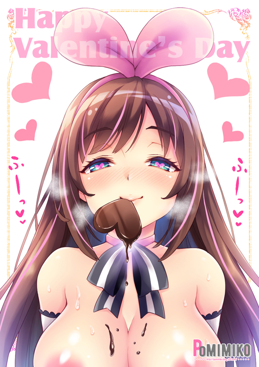 a.i._channel aqua_eyes areolae arm_warmers artist_name bare_shoulders blush bow bowtie breasts brown_hair chocolate chocolate_heart english female food_in_mouth hair_ornament hairbow half-closed_eyes happy_valentine heart heart-shaped_pupils heavy_breathing idol kizuna_ai kizuna_ai_inc. large_breasts long_hair looking_at_viewer melting multicolored_hair nipples pink_bow pink_hair pomimiko simple_background smile streaked_hair symbol-shaped_pupils text topless two-tone_hair valentine very_long_hair virtual_youtuber white_background