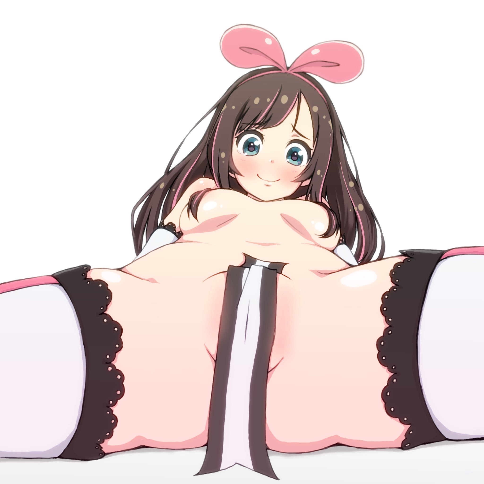 1:1, a.i. channel, aqua eyes, arm warmers, bangs, bare shoulders, blush, bow, breasts, breasts apart, brown hair, cameltoe, censored, convenient censoring, female, groin, hair ornament, hair over breasts, hairband, hairbow, high resolution, hino (nanasamib), idol, kizuna ai, kizuna ai inc., looking at viewer, lying, medium breasts, multicolored hair, on back, pink hair, pussy, simple background, spread legs, stomach, streaked hair, swept bangs, thighhighs, two-tone hair, underboob, virtual youtuber, white background