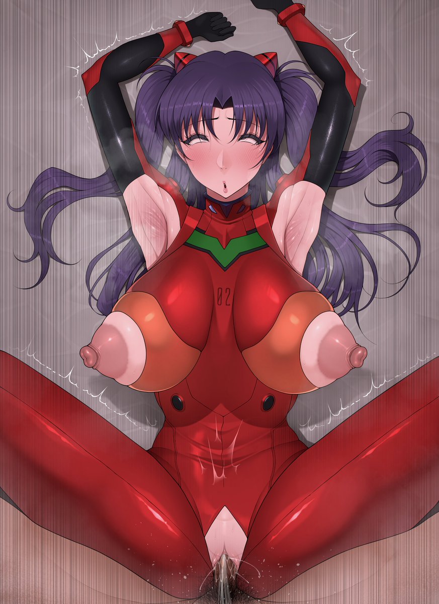 2026, areola, areolae, armpits, arms up, asuka langley sohryu (cosplay), blush, eyes rolling back, female, female focus, female only, heavy blush, heavy breathing, huge breasts, large breasts, misato katsuragi, missionary position, neon genesis evangelion, nipple bulge, plugsuit, puritika, seductive, seductive eyes, seductive look, sex, steaming body, steamy breath