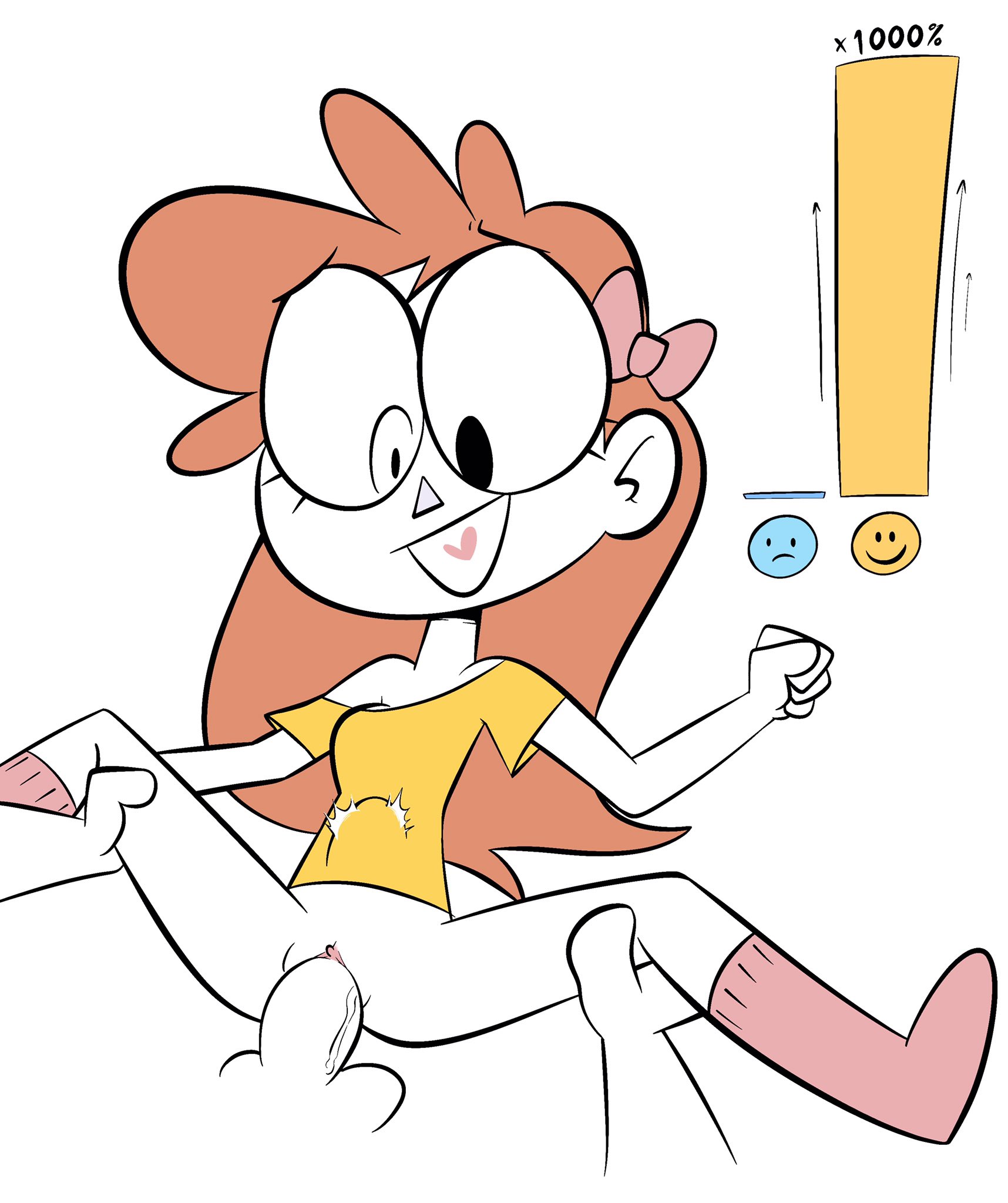 :d, 1boy, 1girl, black eyes, bottomless, bow, breasts, brown hair, clitoral hood, clitoris, emoji, erection, flat color, hair bow, happy sex, heart, heart in mouth, hetero, joshin, kneehighs, large insertion, long hair, looking down, off shoulder, off-shoulder shirt, one eye closed, open mouth, orange hair, owlturd, partially colored, penis, pink bow, pink legwear, pussy, rule 63, sex, shen (shencomix), shencomix, shirt, short sleeves, simple background, sketch, small breasts, smile, socks, solo focus, spread legs, stomach bulge, testicles, uncensored, vaginal, webcomic, white background, wide-eyed, yellow shirt
