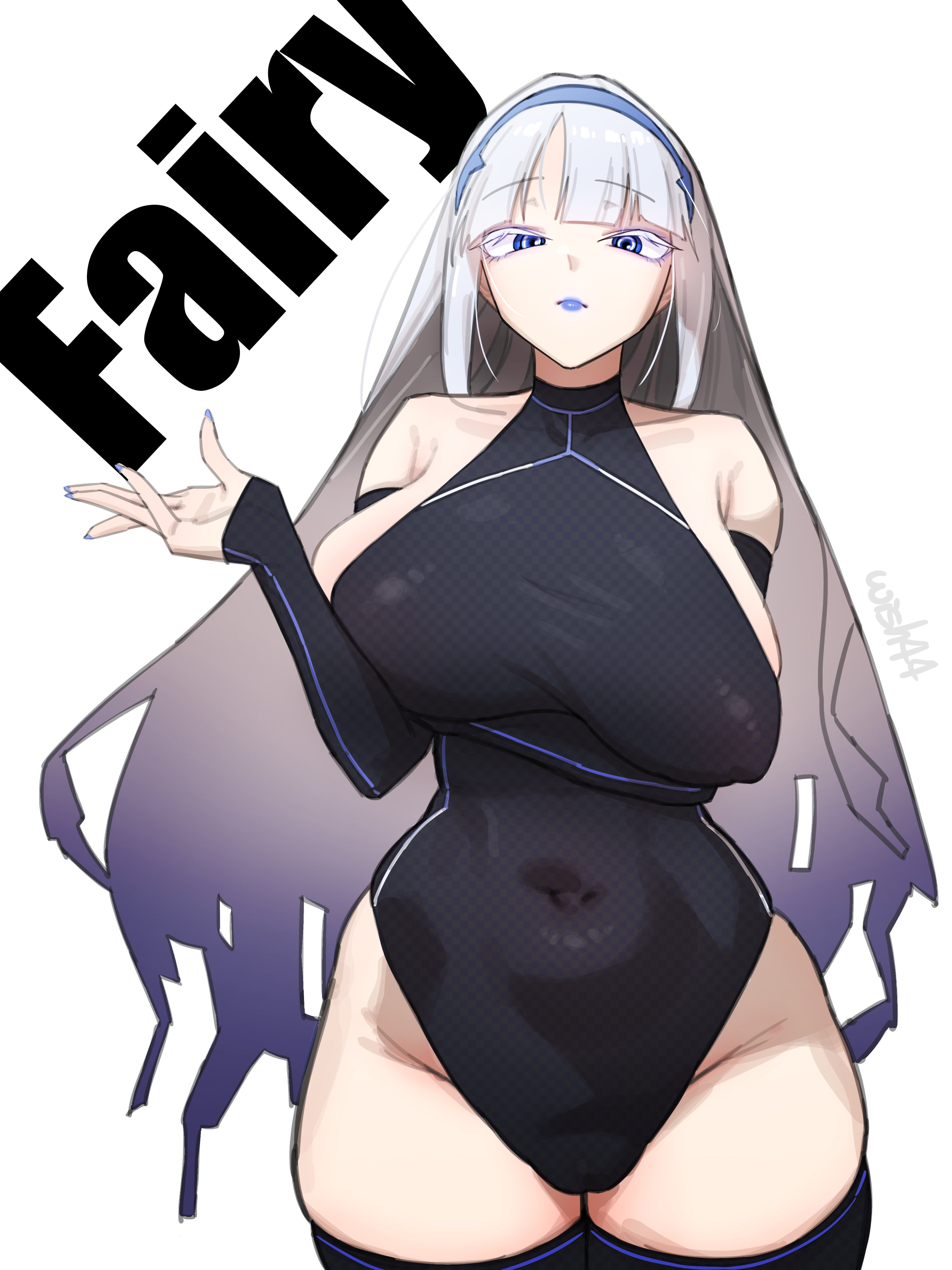 1girls, blue eyes, blue lipstick, breasts, busty, character name, fairy (zenless zone zero), female, female only, huge breasts, humanized, leotard, light skin, light-skinned female, lipstick, looking at viewer, thick thighs, thighhighs, white hair, wide hips, wish44, zenless zone zero
