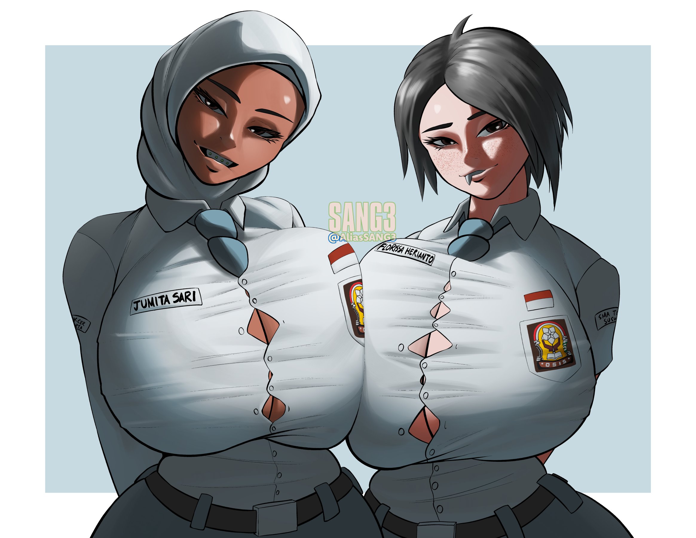 2girls, artist logo, asian, asian female, big breasts, biting lip, biting own lip, braces, breast press, breast to breast, breasts, button down shirt, button gap, buttons, dark skin, dark-skinned female, female, female only, freckled face, freckles, hijab, hijabi, huge breasts, indonesian school uniform, large breasts, light skin, light-skinned female, looking at viewer, massive breasts, muslim, muslim female, name tag, oerba yun fang, original, original character, original characters, sangsangatsange, school uniform, schoolgirl, schoolgirl uniform, short hair, tagme, tie, twitter link, twitter username