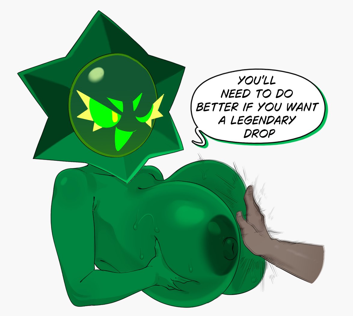 1boy, 1girl, 2d, 2d (artwork), about to pound the fuck outta em, big boobs, big breasts, black male, boobs, brawl stars, breast grab, breasts, breasts bigger than head, breasts out, brown body, brown hands, chaos drop (brawl stars), dark nipples, dark-skinned male, digital art, digital drawing, digital drawing (artwork), disembodied hand, encouragement, enjoying, female, grabbing, grabbing another's breast, grabbing own breast, green body, green eyes, green skin, hot, huge boobs, huge breasts, jiggle, jiggling breasts, male, naked, naked female, nude, nude female, perfect body, sexy, sexy body, simple background, slap, spicylotl, star, starr drop (brawl stars), sweat, sweaty body, teasing, text, touching breast, unseen male face, white background