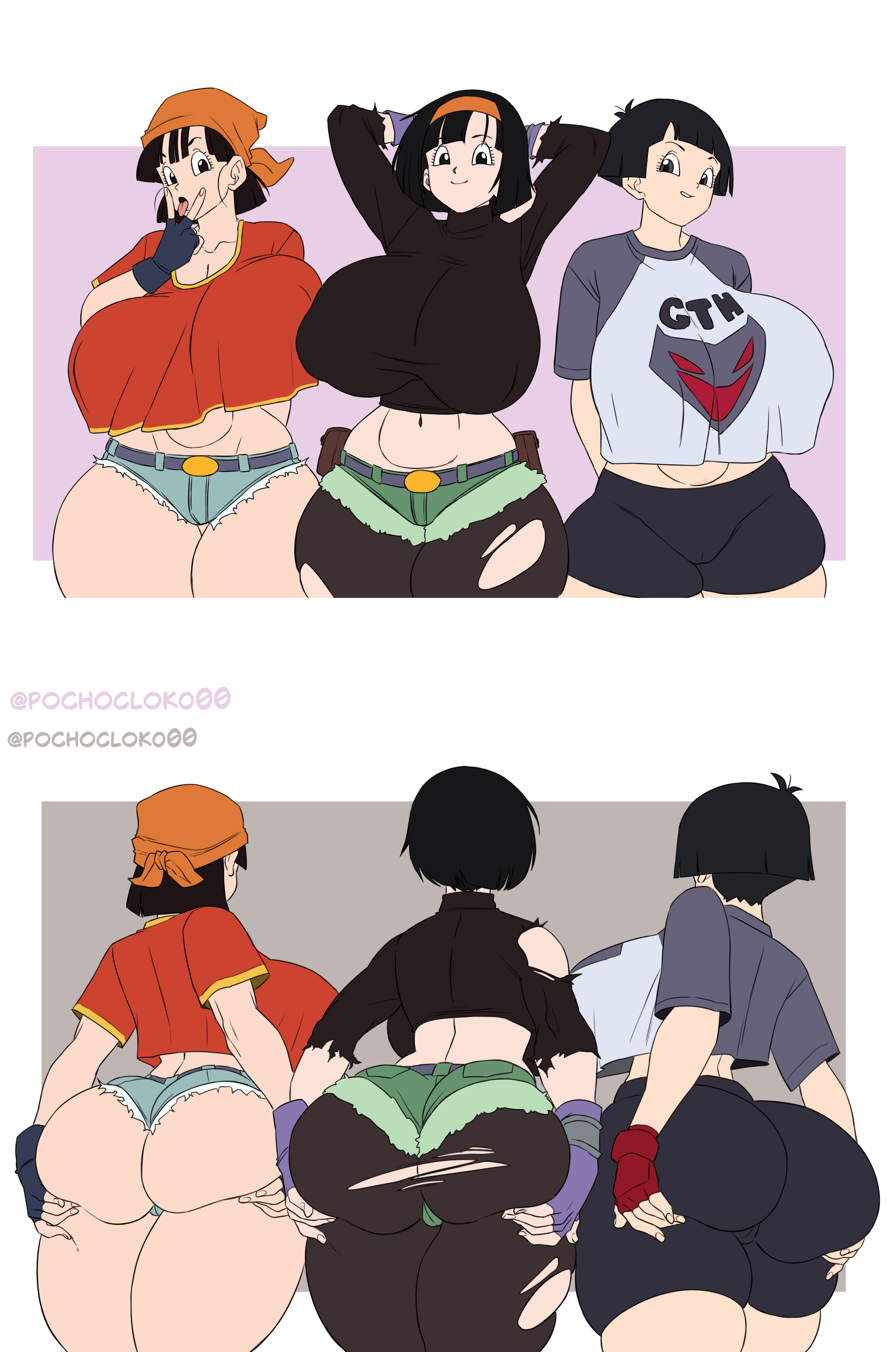 3girls, aged up, alternate self, ass, big ass, big boobs, big breasts, big butt, black hair, black hair female, boobs, breasts, butt, clothed, clothed female, dragon ball, dragon ball heroes, dragon ball super, eager, eager female, female, female focus, female only, from behind, from behind position, front view, huge ass, huge boobs, huge breasts, huge butt, imminent sex, interested, light skin, light-skinned female, looking at viewer, midriff, midriff baring shirt, pan (dragon ball heroes), pan (dragon ball), pochocloko00, thick thighs, thighs, tongue, tongue out, voluptuous, voluptuous female, wanting sex, wants to be fucked, xeno pan