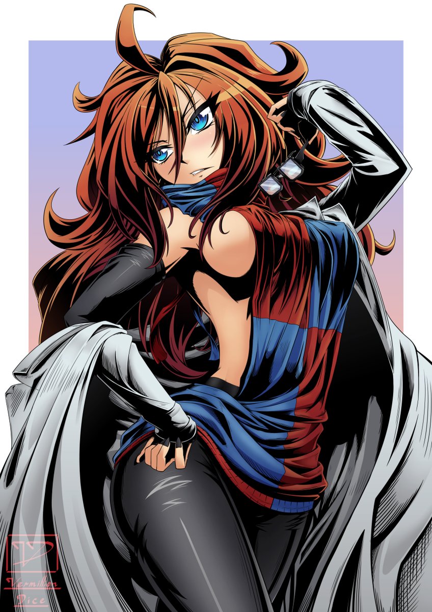 1girls, android, android 21, android 21 (human), ass, blue eyes, breasts, clothed, clothes, dragon ball, dragon ball fighterz, female, female only, frowning, fully clothed, glasses, labcoat, red hair, sideboob, solo, sweater, text, thighs, watermark