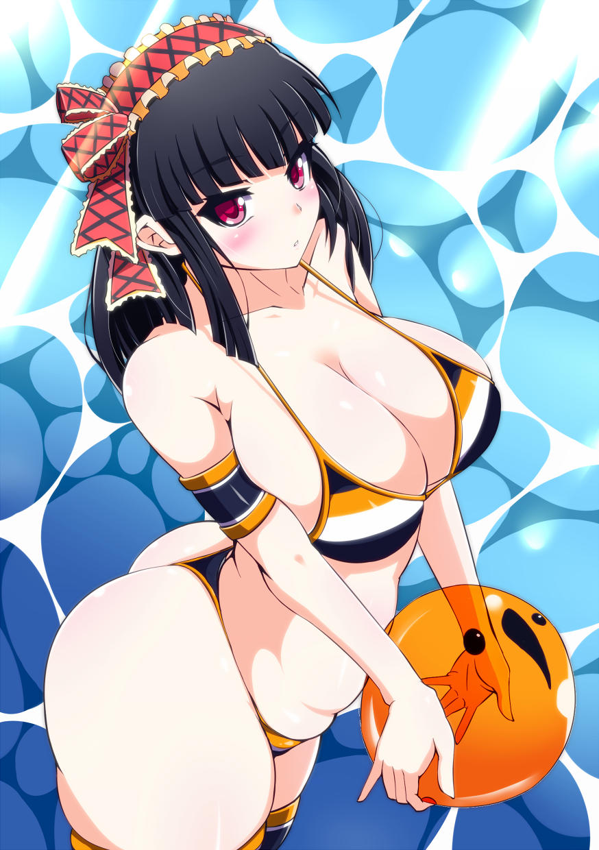 ass ball bare_shoulders beachball beatmania beatmania_iidx bikini black_hair blush breasts cleavage curvy female female highres hinazuki_ririna huge_ass huge_breasts ini_(mocomocccos) initiative large_breasts long_hair looking_at_viewer maid_headdress parted_lips pink_eyes plump solo striped striped_bikini striped_swimsuit swimsuit thick_thighs thighs thong_bikini water wide_hips