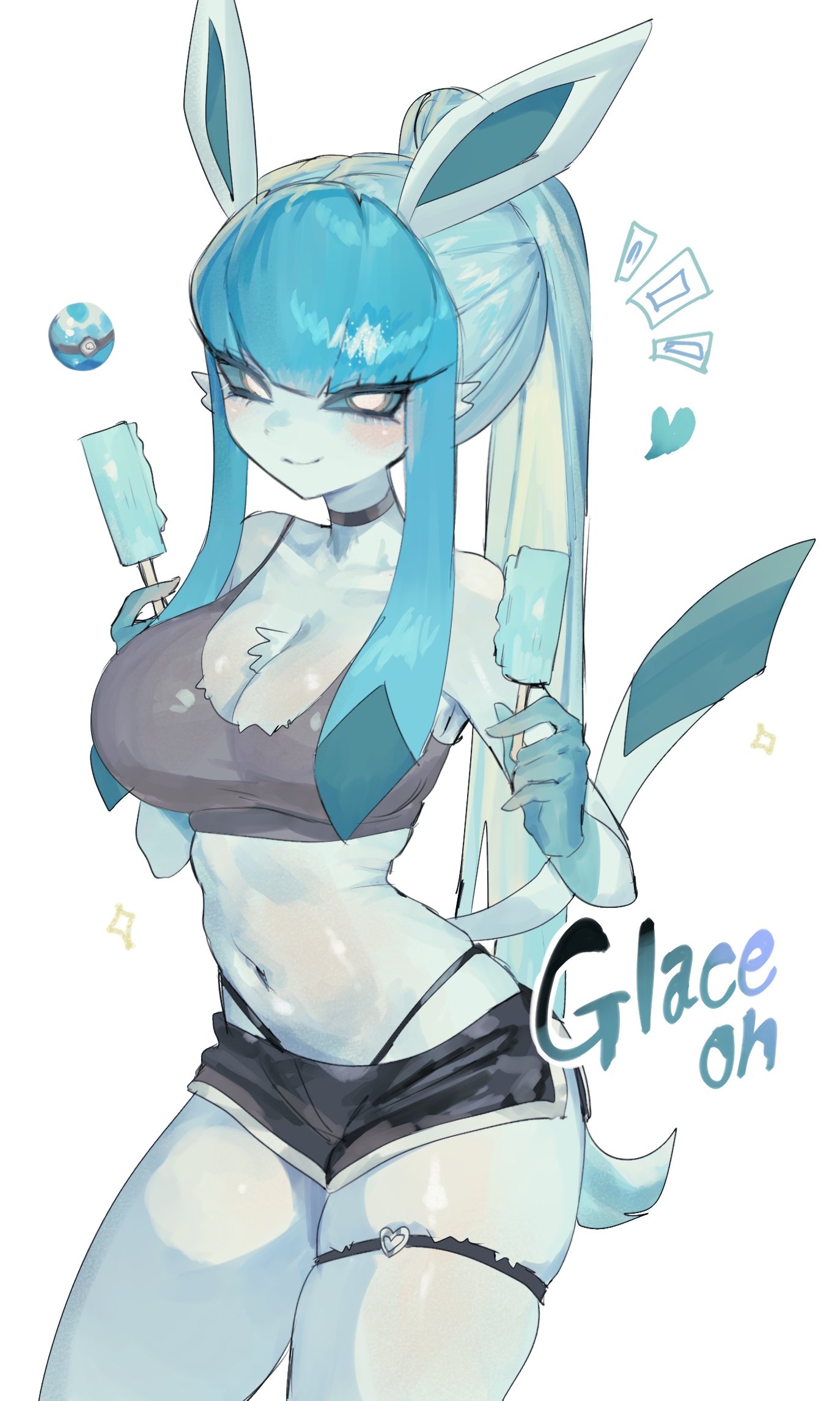 1girls, anthro, blue hair, blue sclera, blush, choker, clothing, eeveelution, english text, eyelashes, female, female only, generation 4 pokemon, glaceon, hi res, ice cream, long hair, looking at viewer, nintendo, pokemon, pokemon (species), simple background, smiling, smiling at viewer, solo, text, thigh strap, toge77789, togetoge, white background, white eyes