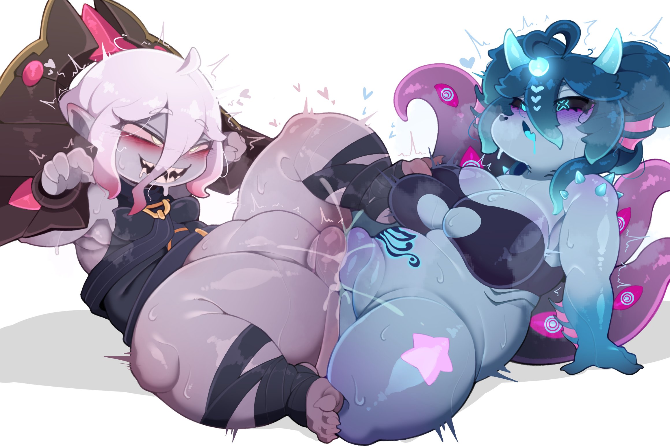 2girls, ahegao, ahoge, anglerfish, anglerfish girl, big breasts, big thighs, blue body, blue eyes, blue hair, blue skin, blue tongue, briar (league of legends), chubby, chubby female, cross-shaped pupils, cute girl, demon horns, eldritch being, eldritch humanoid, female, fins, fish girl, flesh fang, foot on breast, gay sex, gills, heart ahoge, heart symbol, horns, league of legends, leg wrap, lesbian, lesbian sex, lure (anatomy), many eyes, mismatched pupils, non-human, pillory, plaguebby, pointy ears, pubic tattoo, purple skin, sharp teeth, shinolara, shoulder spikes, small breasts, squirting, squished breasts, squishy, starfish, sweaty body, symbol-shaped pupils, tentacle eye, tentacles, two-tone hair, vtuber, white eyes, white hair, yuri