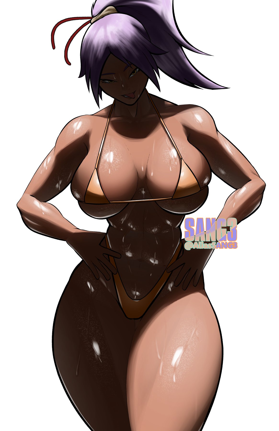 1girl, 1girls, artist logo, bikini, bikini bottom, bikini top, bleach, cowboy shot, dark skin, dark-skinned female, female, hand on hip, looking at viewer, muscular, muscular female, ponytail, purple hair, sangsangatsange, shihouin yoruichi, shiny, shiny skin, solo, solo female, sweat, tagme, tied hair, tongue out, twitter link, twitter username, yellow eyes, yoruichi shihouin
