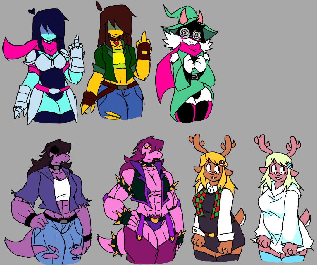 1boy, 1nonbinary, 2026, 2d, 2girls, anthro, antlers, armor, bikini armor, blonde hair, blue hair, blush, brown fur, brown hair, bulge, character sheet, choker, crop top, deer, deer girl, deer humanoid, deltarune, female, femboy, fingerless gloves, freckles, fur, furry, glasses, gloves, goat, goat boy, goat humanoid, hairy pussy, horns, human, jeans, kasi 7w7, kris (deltarune), male, middle finger, muscular, muscular female, noelle holiday, non binary, nonbinary, pubic hair, ralsei, ring, ripped clothing, scalie, scarf, skin tight, spiked bracelet, spiked collar, spikes, susie (deltarune), swirly eyes, swirly glasses, thighhighs, undertale (series), white fur, yellow skin