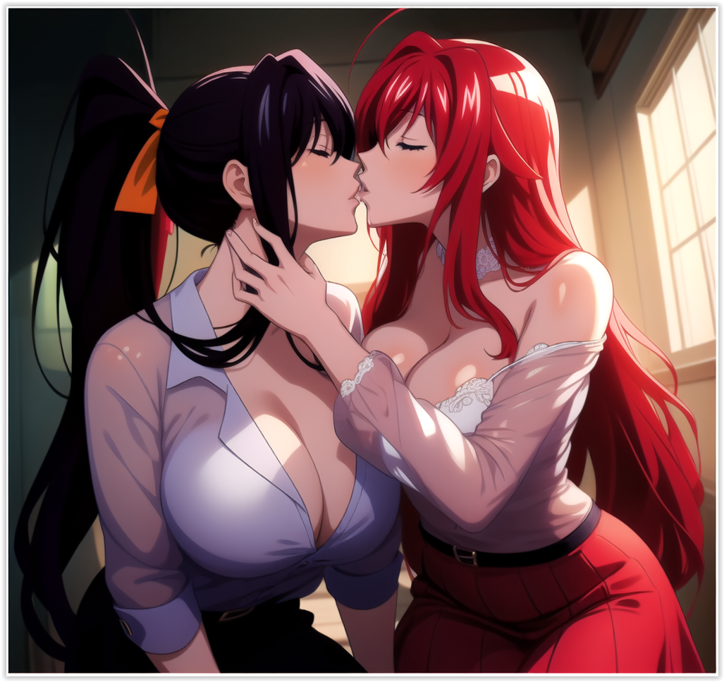 2girls ai_generated akeno_himejima breasts flirting girl_on_girl high_school_dxd kissing lesbian_couple lesbian_domination lesbian_kiss lesbian_sex lovers rias_gremory yuri