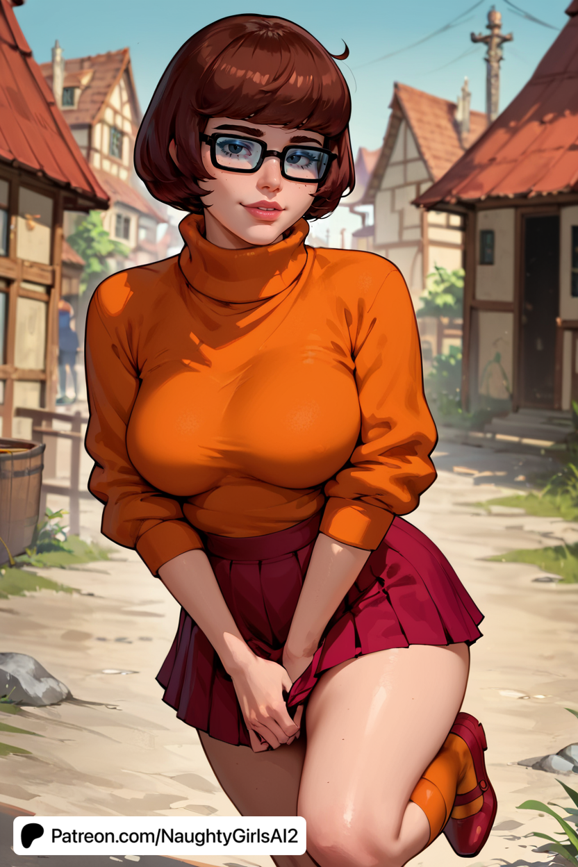 ai_generated big_breasts black-framed_eyewear blue_eyes breasts brown_hair building cartoon_network city curvy day eyewear female glasses hanna-barbera large_breasts lips looking_at_viewer naughtygirlsai orange_shirt outdoors pleated_skirt plump road scooby-doo short_hair skirt skyscraper solo street sweater town velma_dinkley