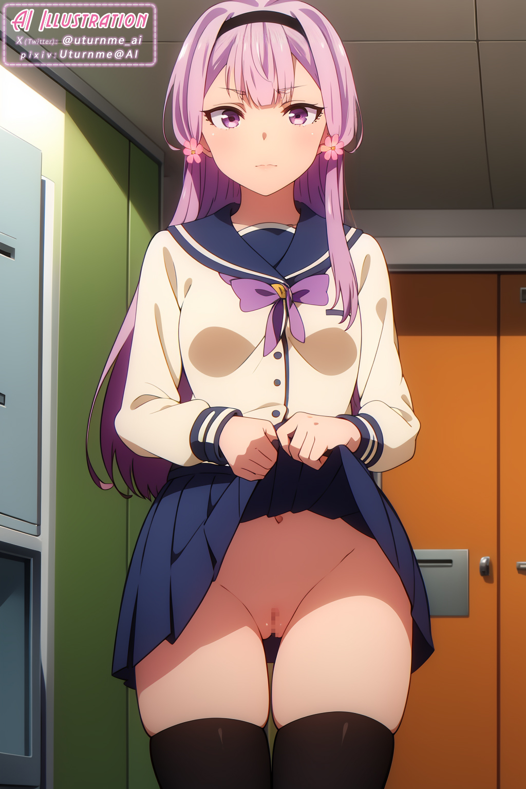 1girls ai_generated akino_sakura cosmos_(oresuki) exposed_pussy ore_wo_suki_nano_wa_omae_dake_ka_yo purple_eyes purple_hair pussy school_uniform seifuku skirt skirt_lift skirt_up standing thighhighs thighs uturnme_ai