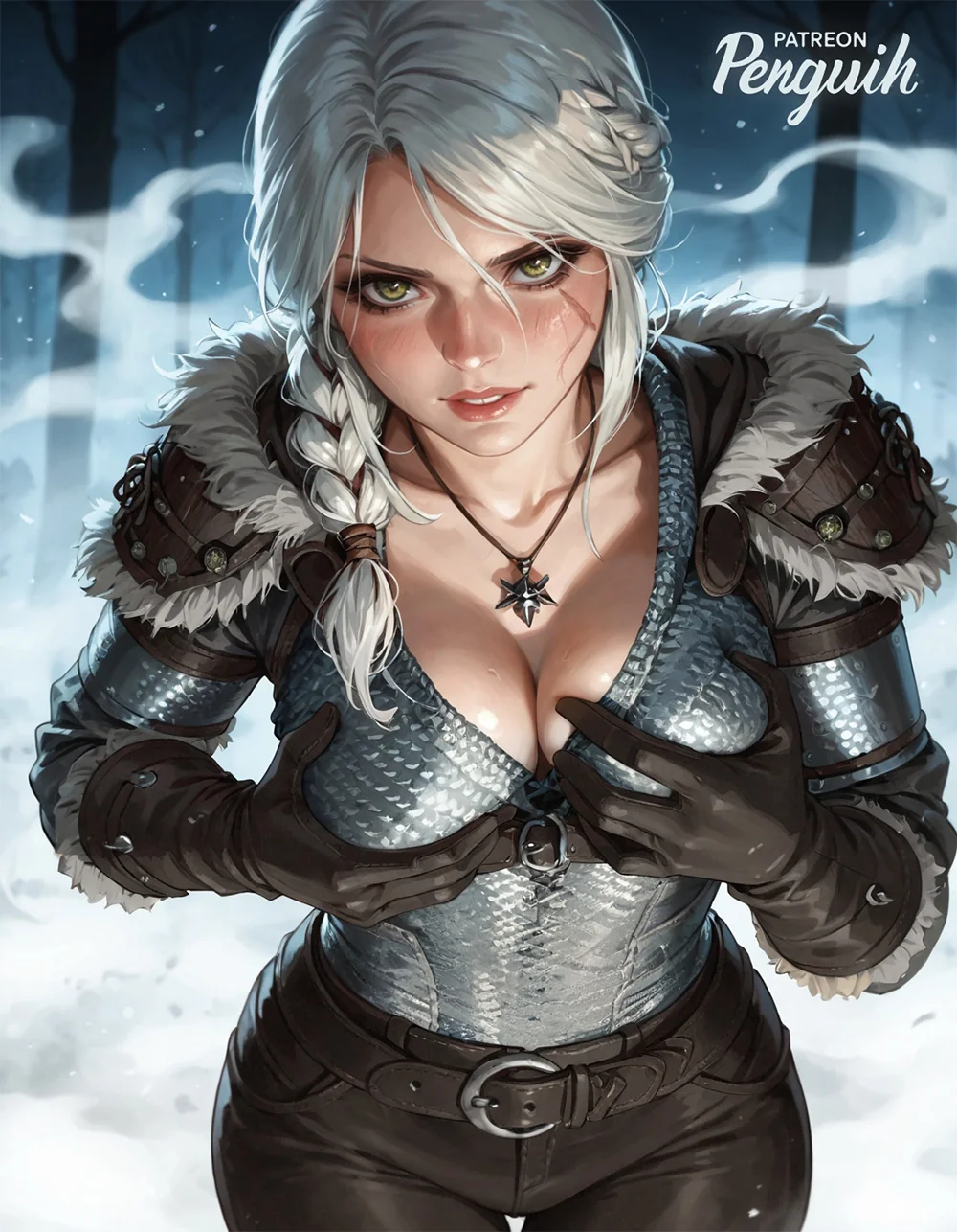 ai_generated braid breast_grab breasts cd_projekt_red ciri female forest light-skinned_female looking_at_viewer outdoors penguih scar seductive snow solo the_witcher_(series) the_witcher_4 white_hair