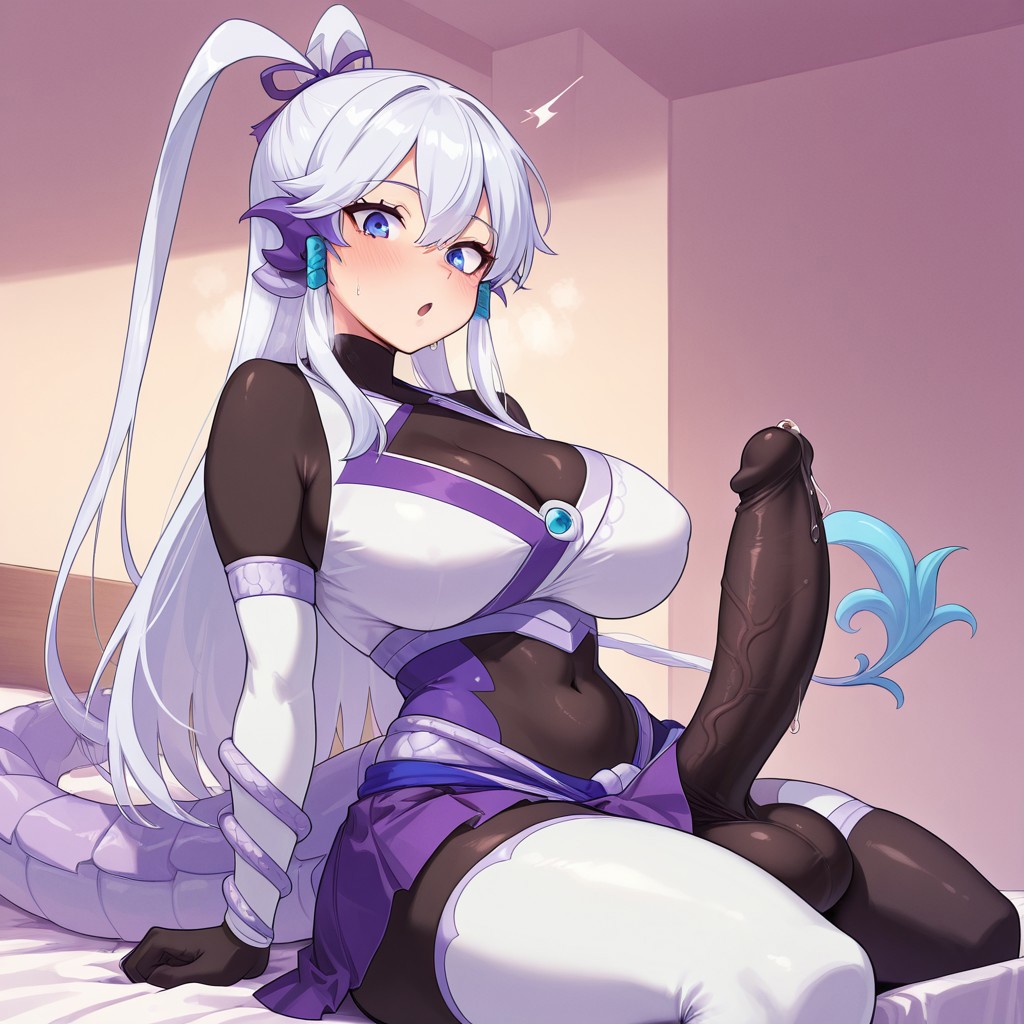 1futa ai_generated asymmetrical_legwear black_bodysuit blue_eyes blush bodysuit breasts clothed clothing dragon_girl dragon_tail futa_only futanari hair_between_eyes hair_down huge_ass huge_cock large_breasts long_hair looking_at_viewer open_mouth penis precum precum_drip precum_leaking skirt_lift skirt_lifted swordsoul_of_mo_ye tail thick thick_thighs thighhighs thighs veiny_penis white_hair yu-gi-oh!