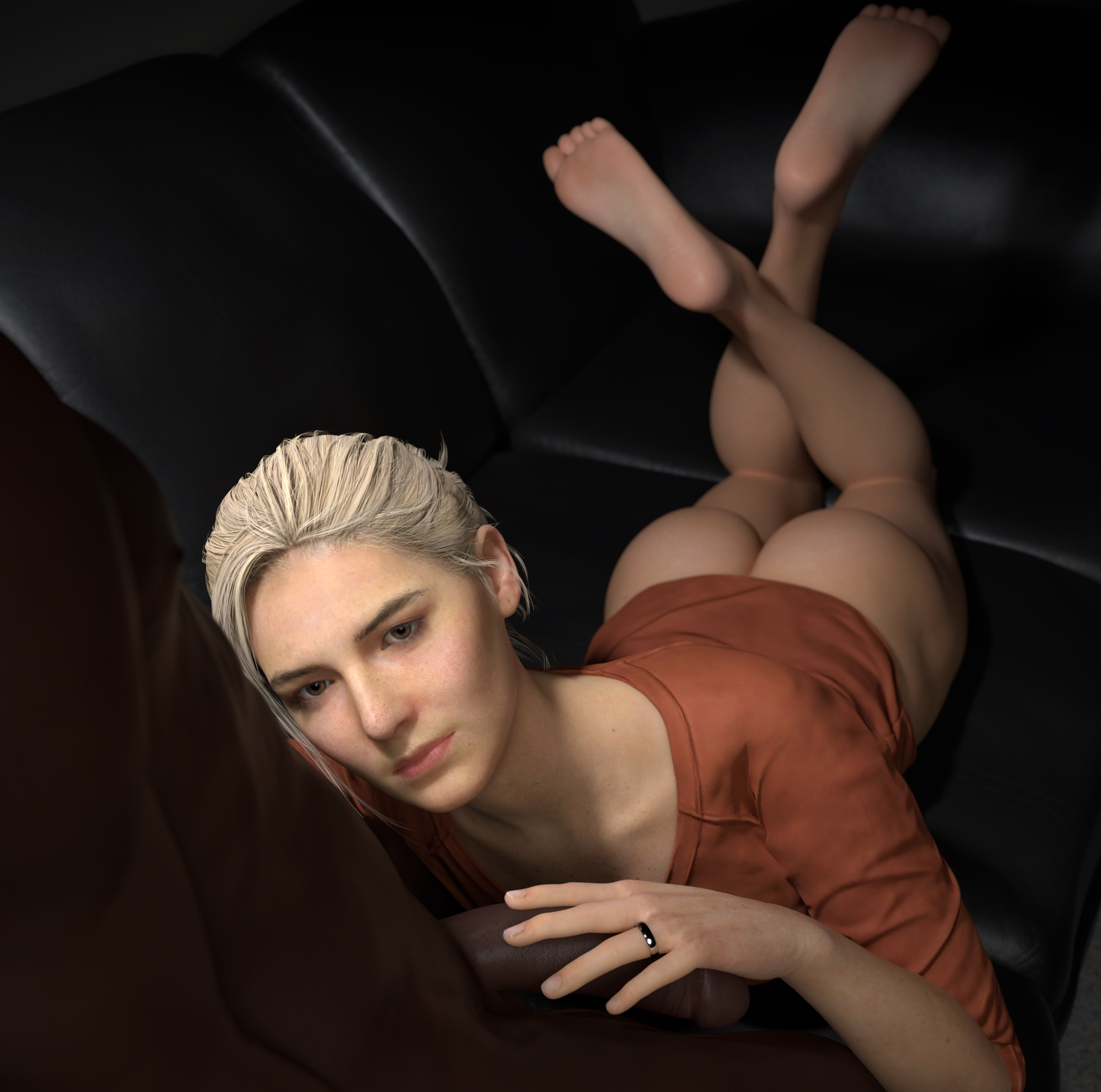 1girls, 3d, ass, blender, blonde hair, bottomless, clothed female nude male, couch, dark skin, dark-skinned male, elena fisher, feet, female, folded ponytail, green eyes, handjob, imminent oral, interracial, juicesfm, light skin, looking at viewer, lying down, male, naughty dog, on sofa, oral, penis, ring, slim, sofa, soles, straight, the pose, tied hair, toes, uncharted