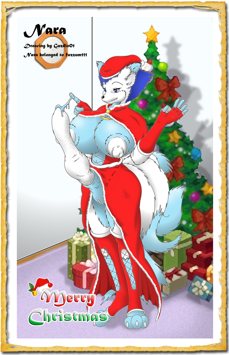 1futa blue_eyes breasts christmas colored_cum cum furry futanari gazdio01 herm holidays intersex nara penis pussy solo solo_futa unusual_cum