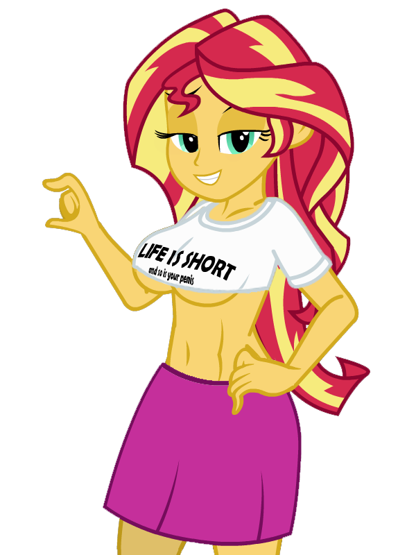 alternate_version_available bedroom_eyes belly_button big_breasts breasts clothing edit equestria_girls female flashequestria miniskirt my_little_pony shirt short_shirt show_accurate simple_background skirt small_penis_humiliation solo sunset_shimmer transparent_background underboob