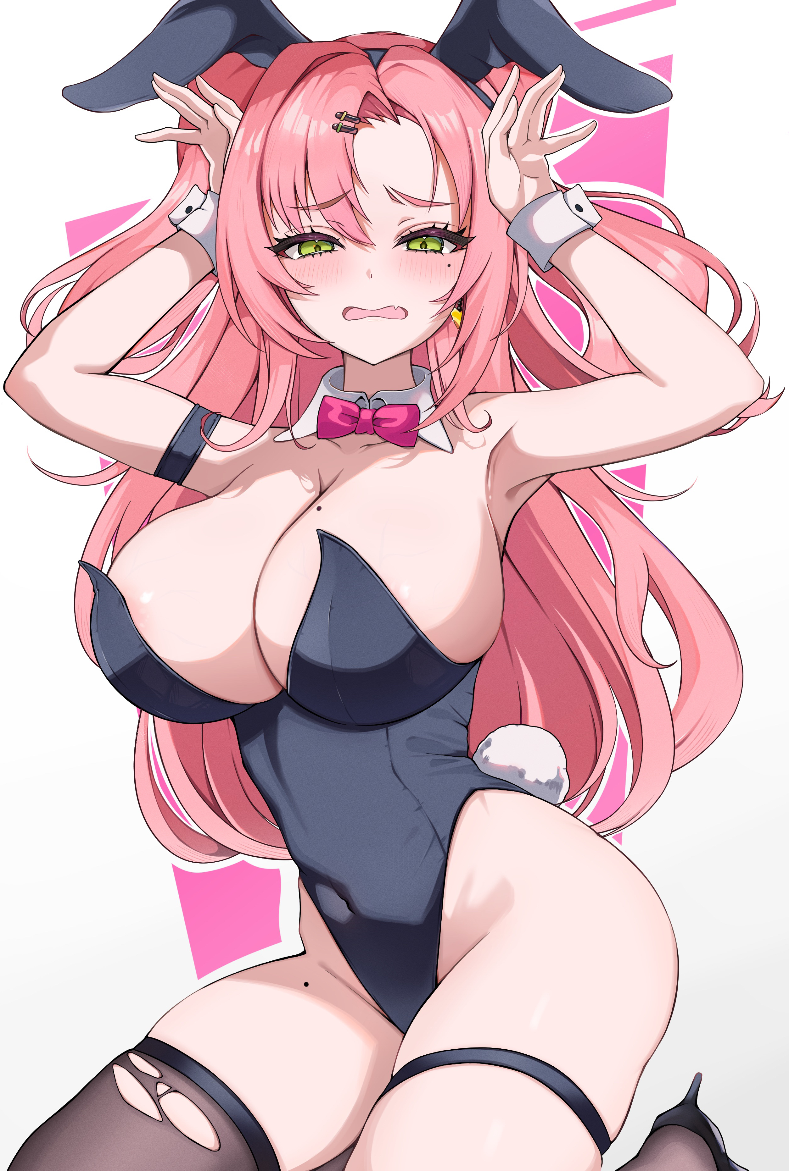 absurdres, alternate costume, animal ears, armpits, black leotard, breasts, bunny costume, bunny suit, cleavage, commentary request, fake animal ears, female, gradient background, green eyes, grey background, hair ornament, hairclip, hands up, highres, leotard, long hair, looking at viewer, mole, mole on breast, mole on thigh, mole under eye, newon, nicole demara, pink hair, playboy bunny, rabbit ears, single thighhigh, sitting, solo, thigh strap, thighhighs, thighs, two side up, zenless zone zero