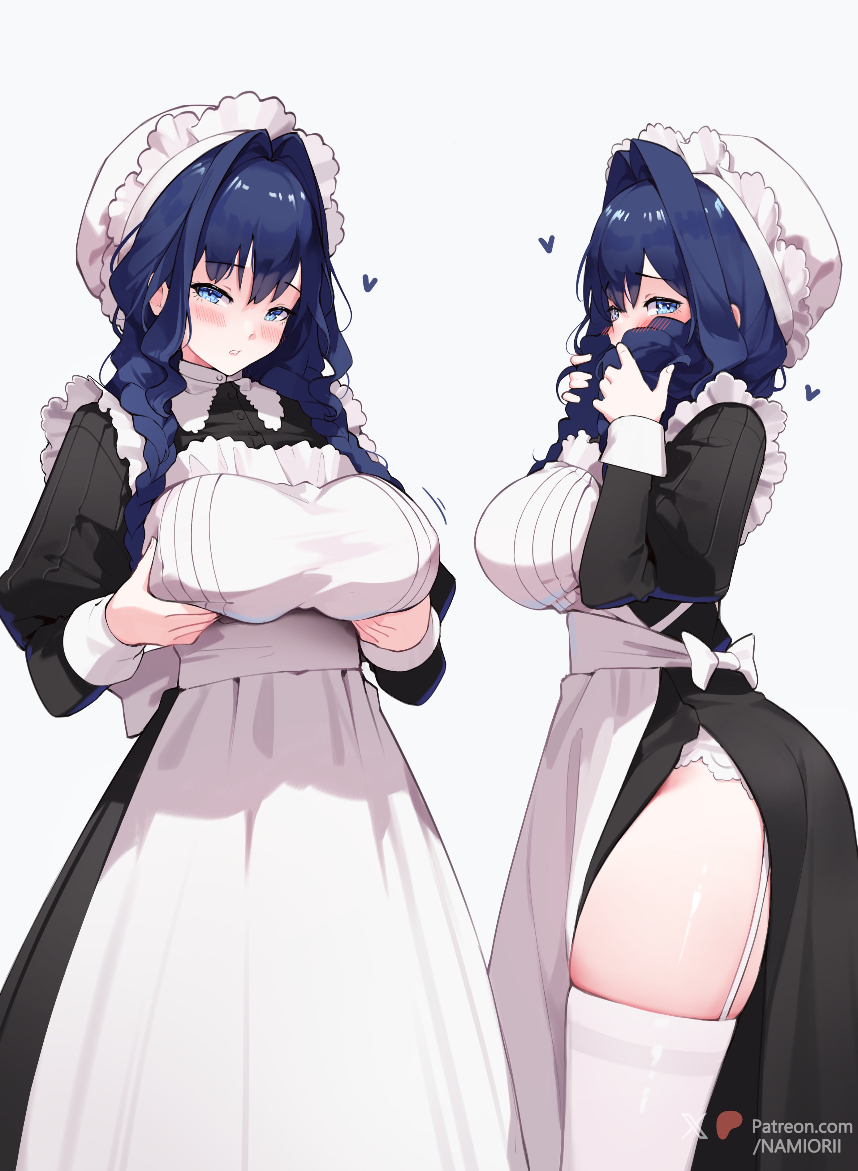 1girls, breasts, female, female focus, female only, hololive, hololive english, hololive english -council-, hololive english -promise-, large breasts, light skin, light-skinned female, looking at viewer, maid, maid apron, maid headdress, maid uniform, namiorii, ouro kronii, ouro kronii (maid), solo, thighhighs, thighs, virtual youtuber, white background, wide hips