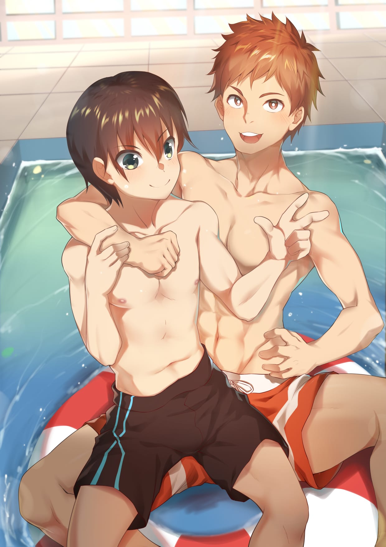 2boys gay gay_male joro_(oresuki) kisaragi_amatsuyu lifebuoy male_on_male ore_wo_suki_nano_wa_omae_dake_ka_yo skinny sun-chan_(oresuki) swimming_pool swimsuit swimwear taiyo_oga variant variant_set yaoi young