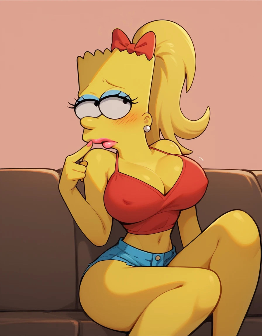 after_transformation ai_generated bart_simpson bartina_simpson big_breasts bimbofication daisy_dukes horny_female midriff mtf_crossgender mtf_transformation rule_63 sitting