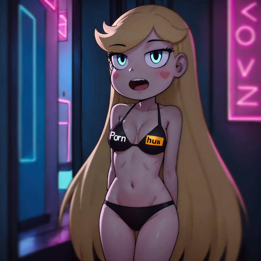 ai_generated arms_behind_back blonde_hair blue_eyes dress_inside_ass heart meikerai3d neon_lights panties pornhub room shirt star_butterfly star_vs_the_forces_of_evil