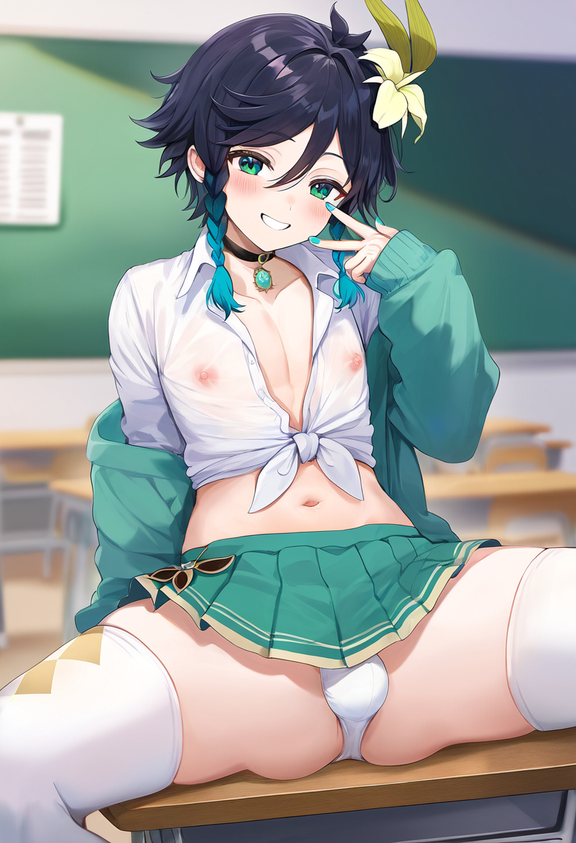 1boy ai_generated androgynous belly blue_hair bulge choker femboy genshin_impact green_eyes midriff miniskirt nipples panty_peek school_uniform schoolboy see-through skirt slutty_clothing spread_legs thighhighs trap twin_braids venti_(genshin_impact)