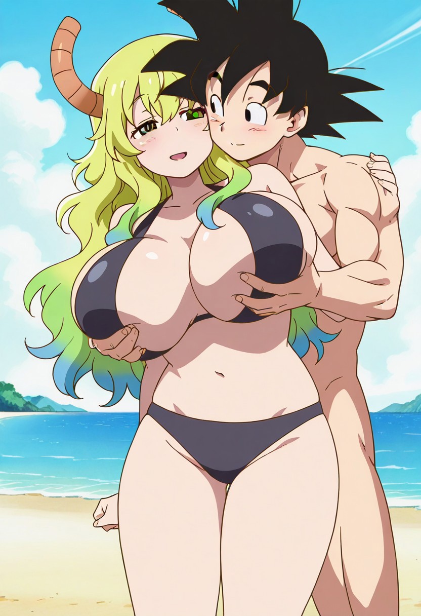 ai_generated beach bikini breast cheating dragon_ball dragon_ball_super dragon_ball_z excited goku grabbing groping_breasts horny huge_breasts kobayashi-san_chi_no_maidragon lucoa lucoa_(maidragon) netorare ntr quetzalcoatl_(dragon_maid) sexy smile son_goku standing