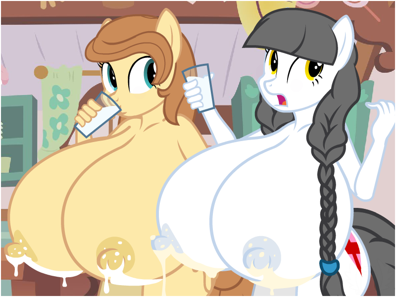 anthro big_breasts breasts caring_hearts_(mlp) cartoon_physics casual_nudity cream_heart_(mlp) cupcake drinking dripping duo duo_female earth_pony female flashequestria food hammerspace huge_breasts hyper hyper_breasts impossibly_large_breasts kitchen lactation milf milk milk_squirt my_little_pony nipples nude oc pegasus pony talking