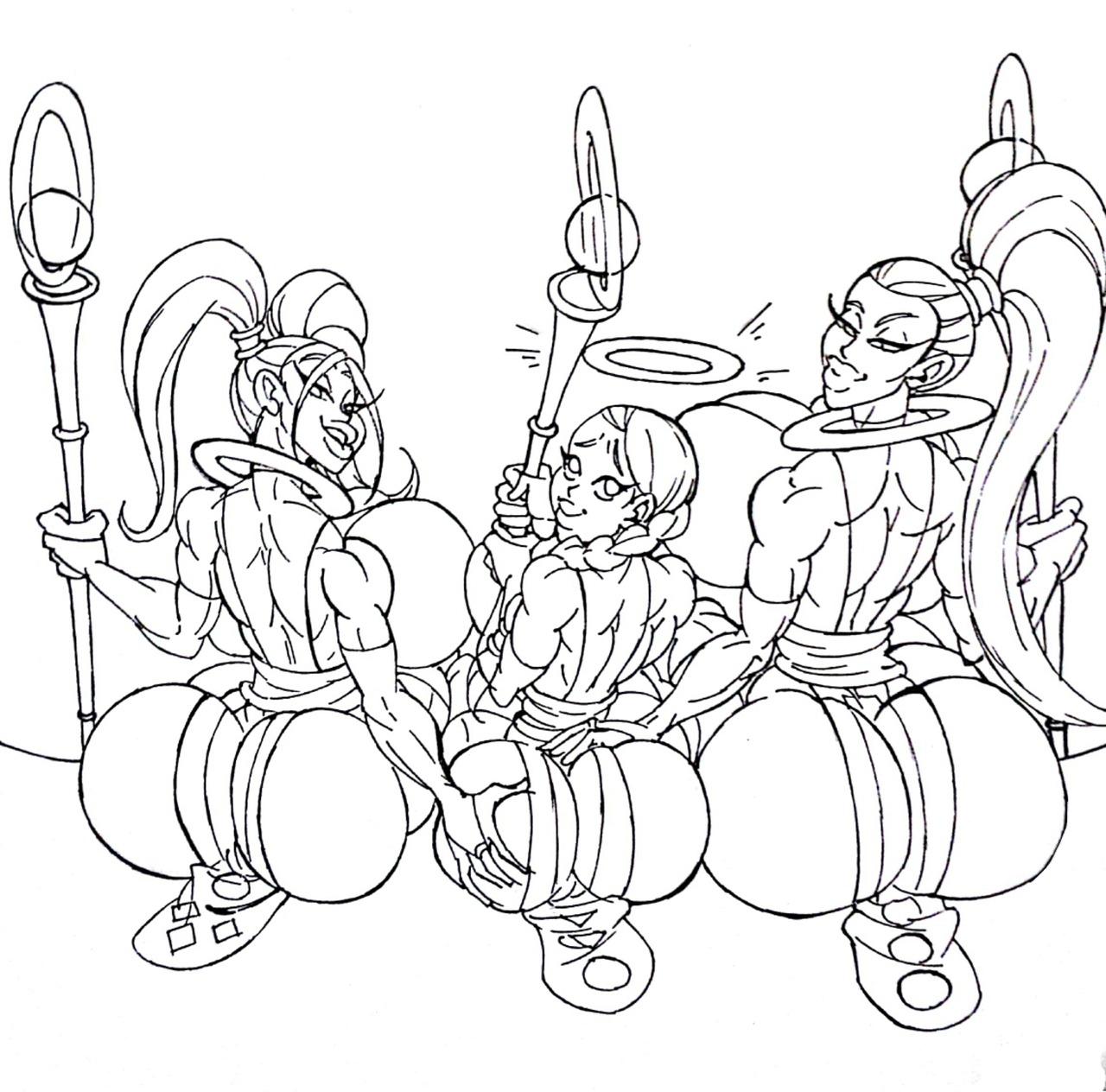 3girls, alien, alien girl, alternate breast size, alternate version available, angel, angel (dragon ball), ass, ass crack, ass grab, back view, bare shoulders, big ass, big breasts, big butt, bimbo, black and white, breasts, bridal gloves, bubble ass, busty, butt crack, curvy, cus, dragon ball, dragon ball super, drawn, dress, ear piercing, earrings, elbow gloves, eyelashes, female, female only, gloves, goddess, grab, grabbing, halo, hand on ass, holding object, hourglass figure, huge breasts, humanoid, leotard, long hair, looking at viewer, looking back, marcarita, monochrome, multiple females, multiple girls, ponytail, pose, posing, sideboob, sisters, sitting, staff, sun1sol, tied hair, twintails, vados, very long hair, voluptuous, wide hips